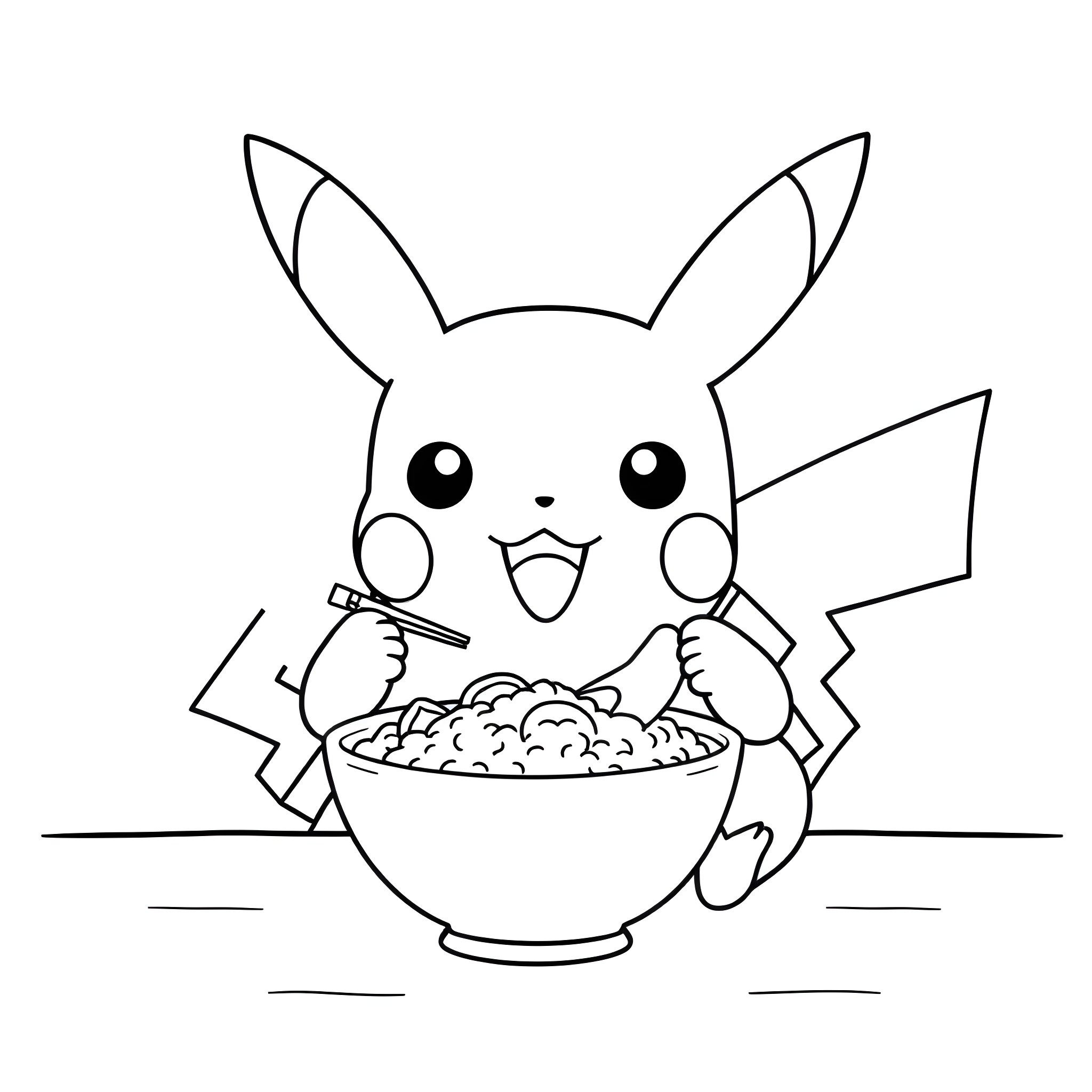 Pikachu happily eating from a bowl Coloring Page (free black-and-white line drawing printable PDF for all, from beginners to advanced learners, including children, teens, adults, and seniors)