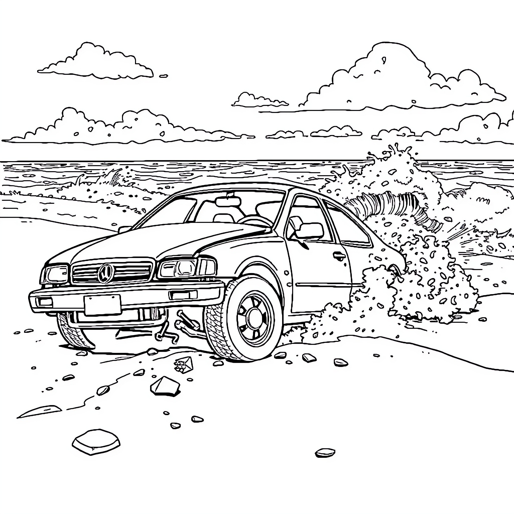 Car collides with rocks on the shore Coloring Page (free black-and-white line drawing printable PDF for all, from beginners to advanced learners, including children, teens, adults, and seniors)