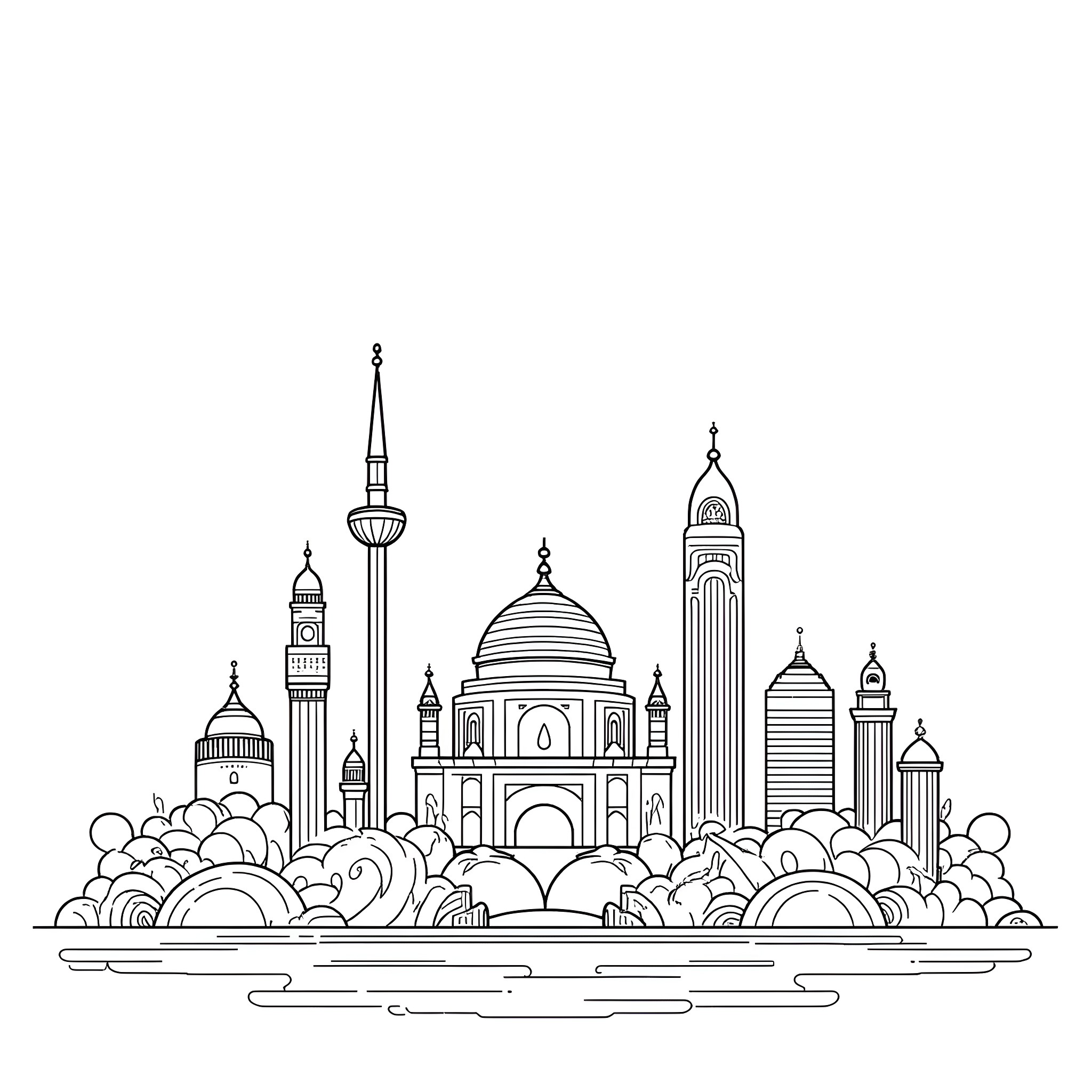 Wonder of Architectural Marvels in the City Coloring Page (free black-and-white line drawing printable PDF for all, from beginners to advanced learners, including children, teens, adults, and seniors)