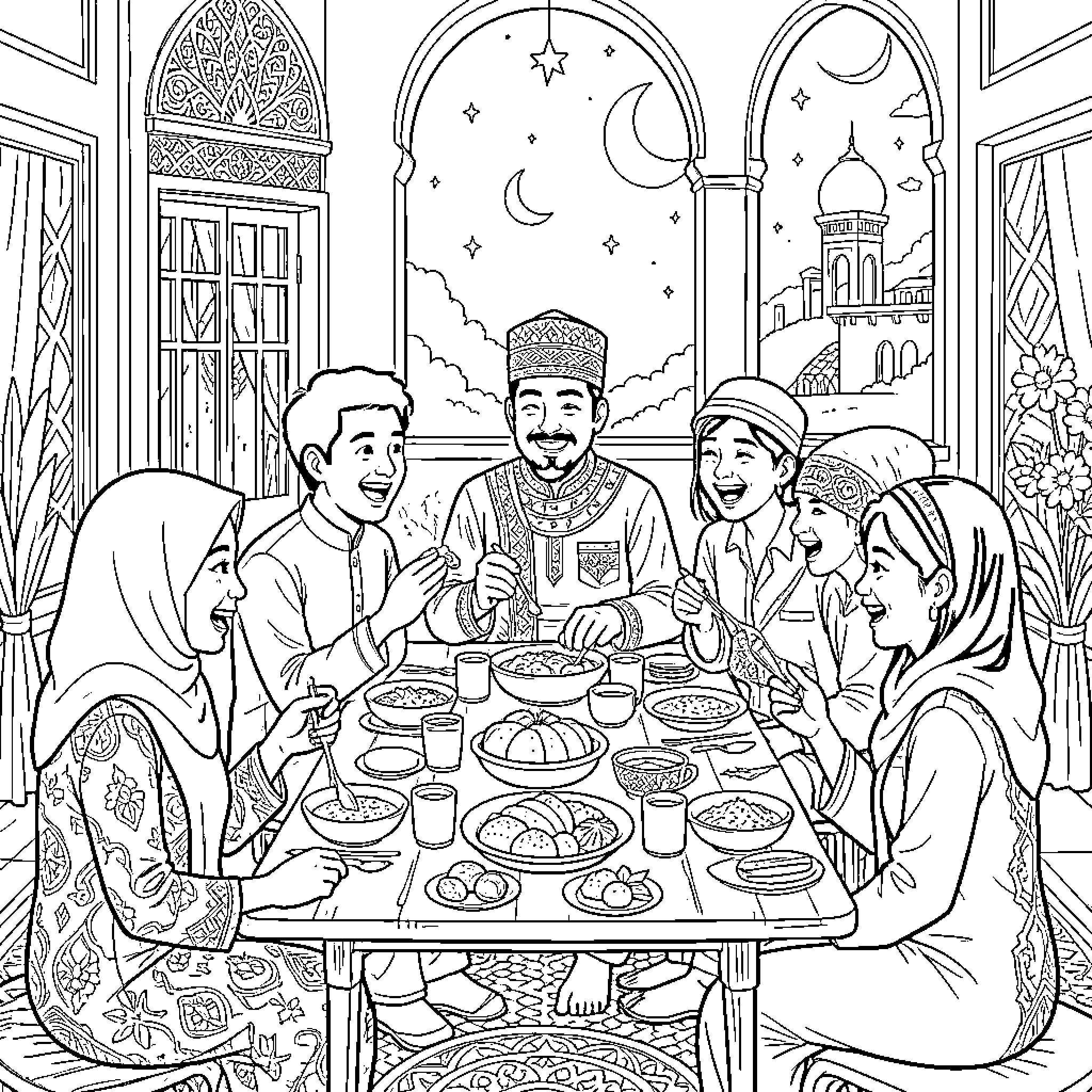 Tun Tun's Joyful Iftar Celebration Coloring Page (free black-and-white line drawing printable PDF for all, from beginners to advanced learners, including children, teens, adults, and seniors)