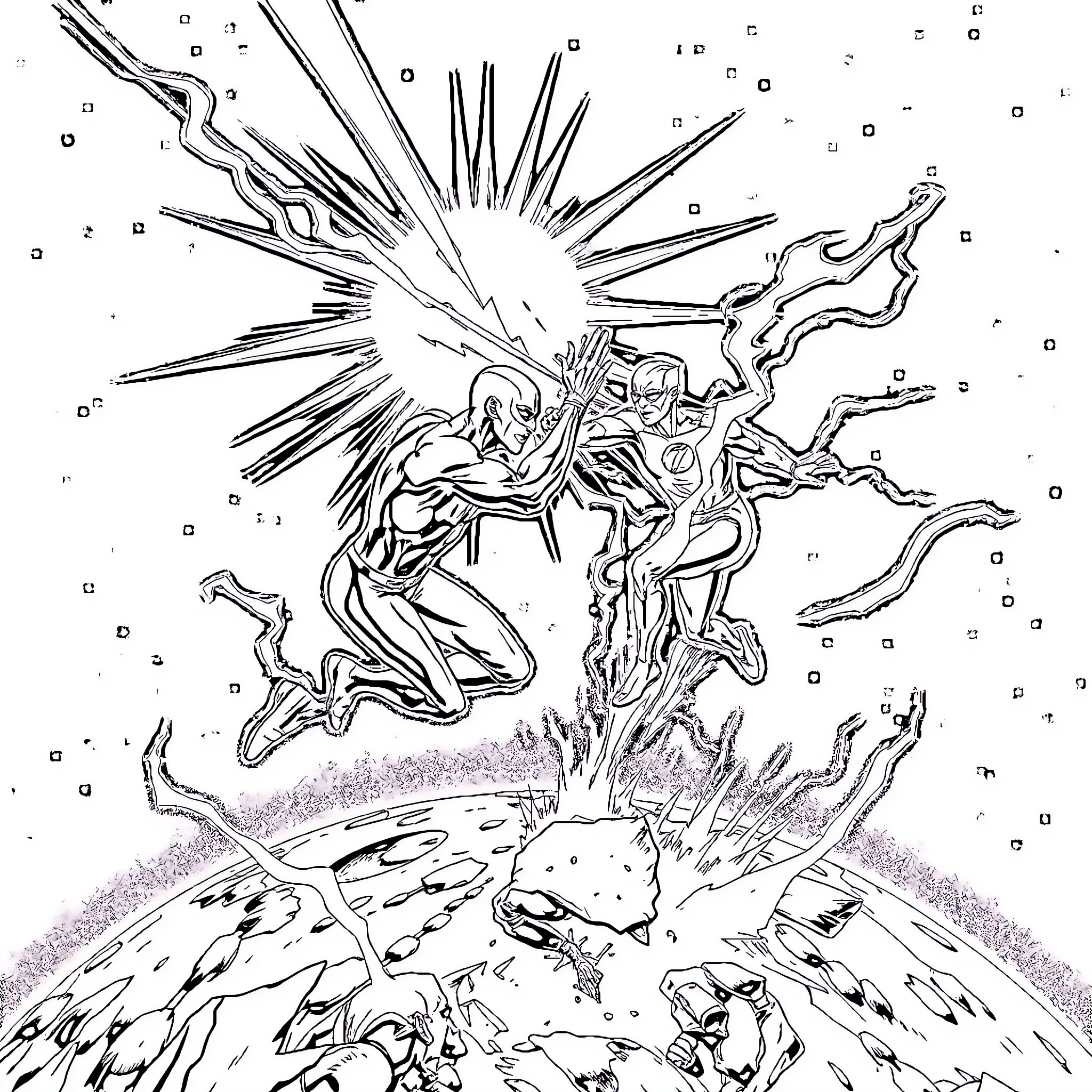 Flash of cosmic battle amidst celestial forces Coloring Page (free black-and-white line drawing printable PDF for all, from beginners to advanced learners, including children, teens, adults, and seniors)