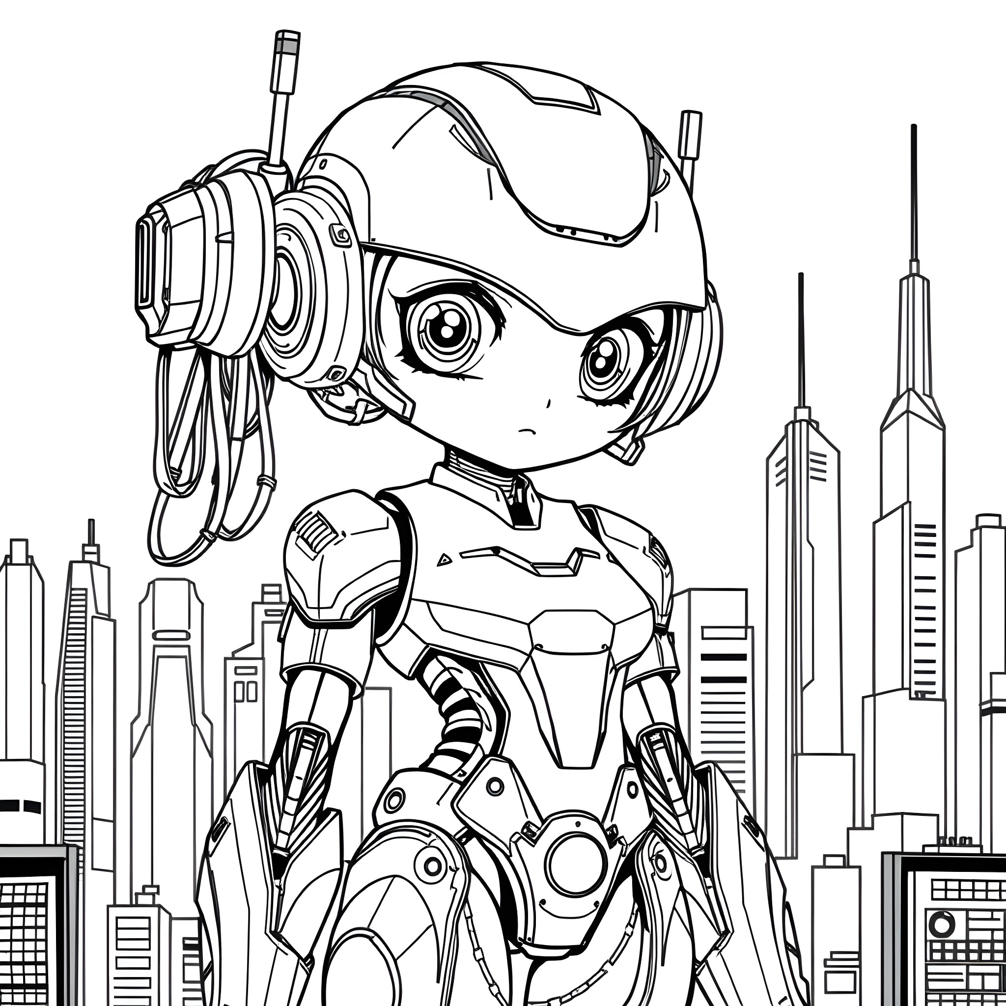Anime Girl in Futuristic Mech Suit Coloring Page (free black-and-white line drawing printable PDF for all, from beginners to advanced learners, including children, teens, adults, and seniors)