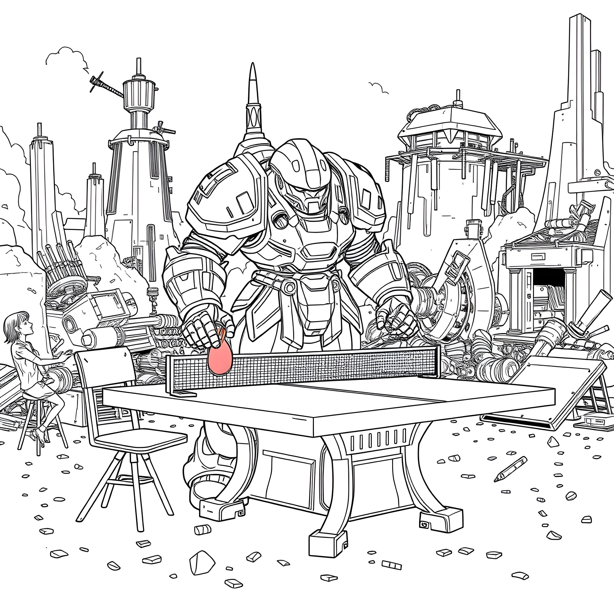 Power Armor Technician Working in Futuristic City Coloring Page (free black-and-white line drawing printable PDF for all, from beginners to advanced learners, including children, teens, adults, and seniors)