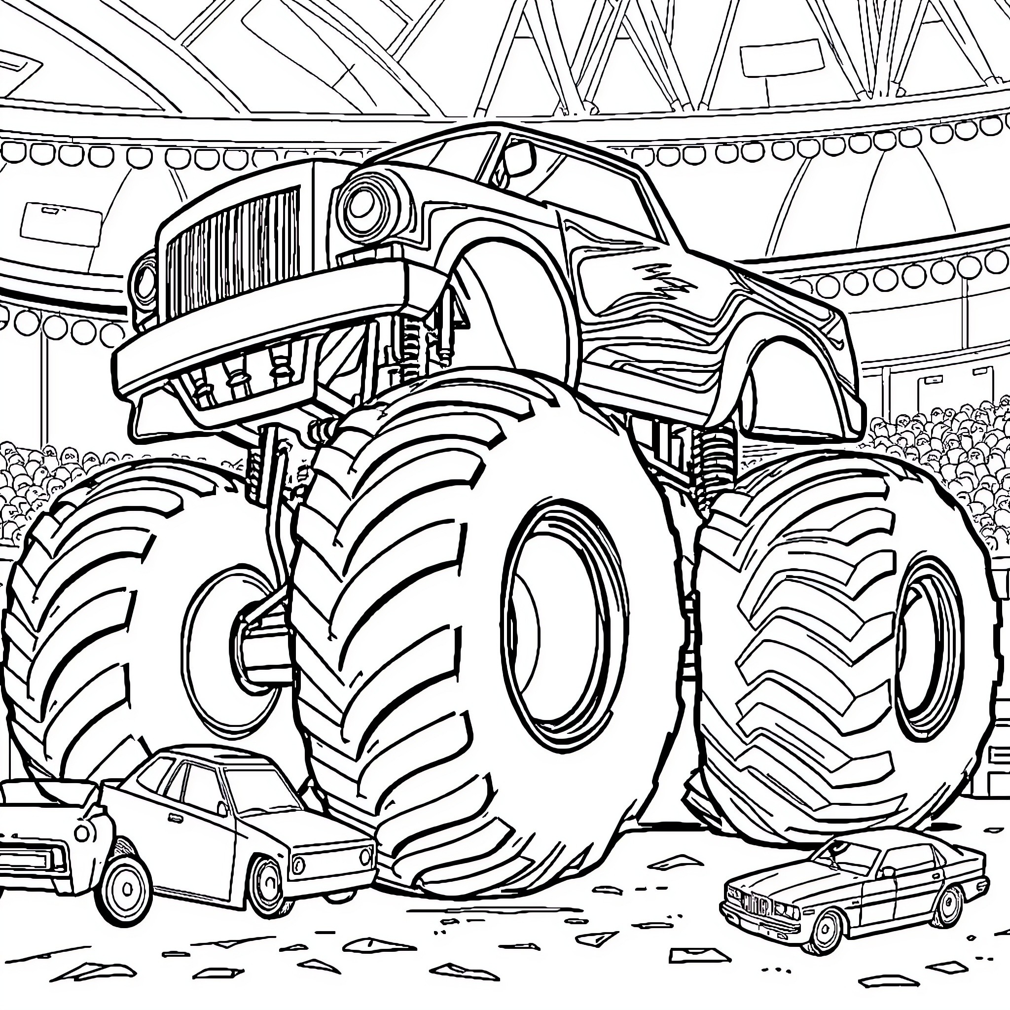 Monster Truck Crushing Toy Cars in Arena Coloring Page (free black-and-white line drawing printable PDF for all, from beginners to advanced learners, including children, teens, adults, and seniors)