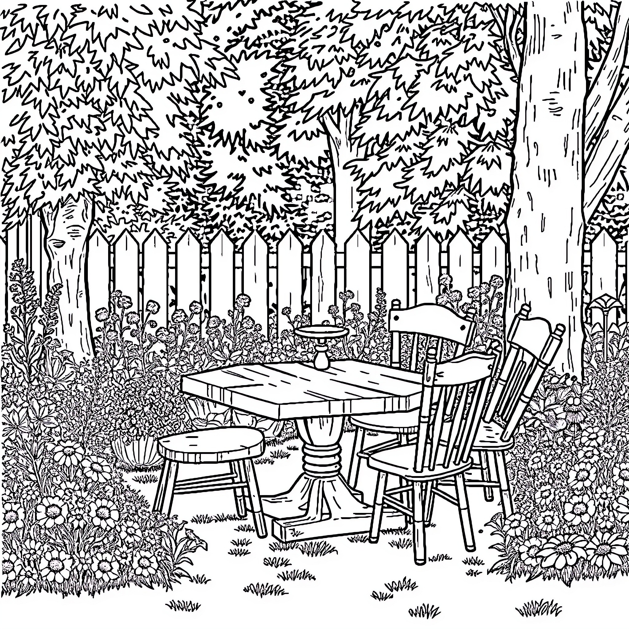 Garden scene with outdoor furniture and lush foliage Coloring Page (free black-and-white line drawing printable PDF for all, from beginners to advanced learners, including children, teens, adults, and seniors)