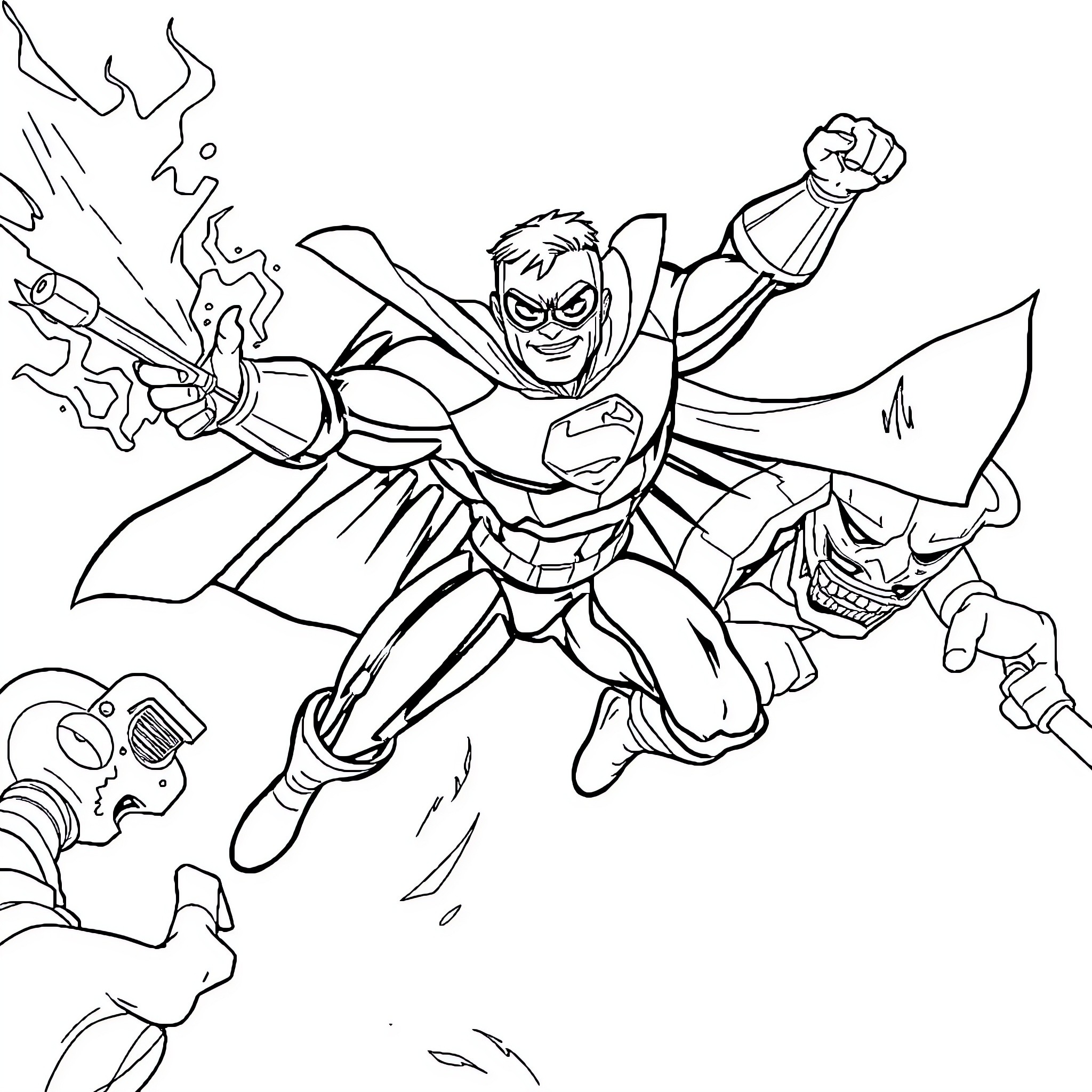 Mr Incredible in Action: Heroic Poses and Fierce Battles Coloring Page (free black-and-white line drawing printable PDF for all, from beginners to advanced learners, including children, teens, adults, and seniors)