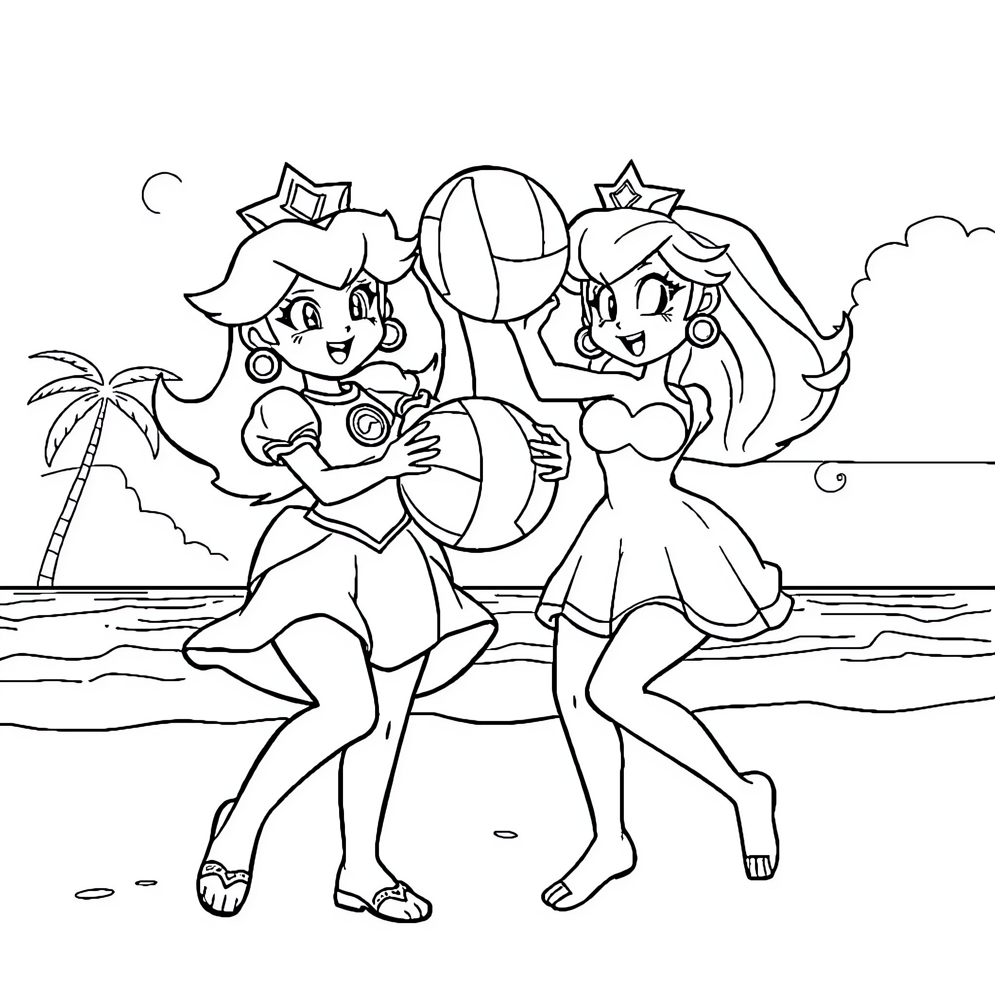 Princess Playing Beach Ball on Tropical Shore Coloring Page (free black-and-white line drawing printable PDF for all, from beginners to advanced learners, including children, teens, adults, and seniors)