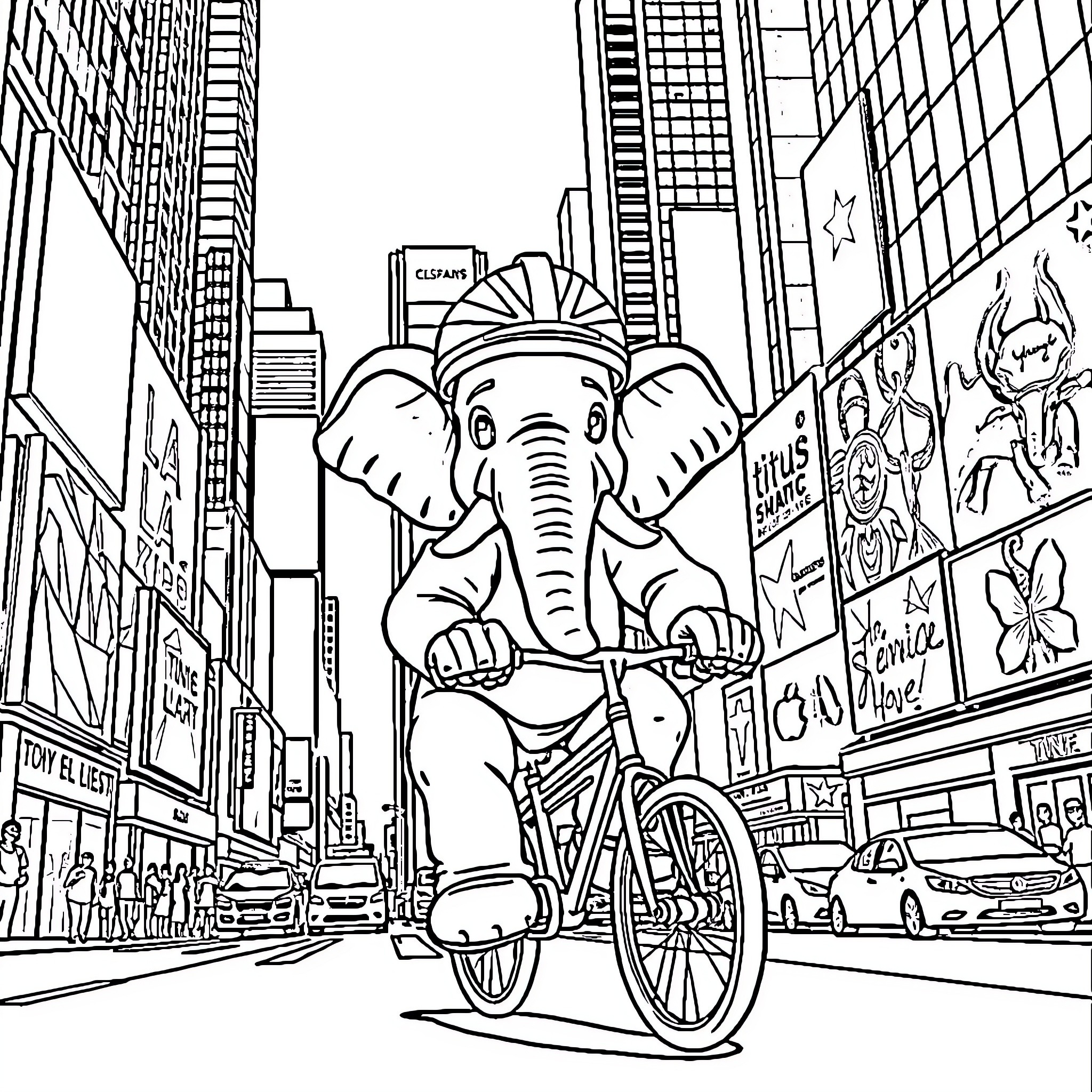 Elephant Rides Bicycle Through Busy City Street Coloring Page (free black-and-white line drawing printable PDF for all, from beginners to advanced learners, including children, teens, adults, and seniors)