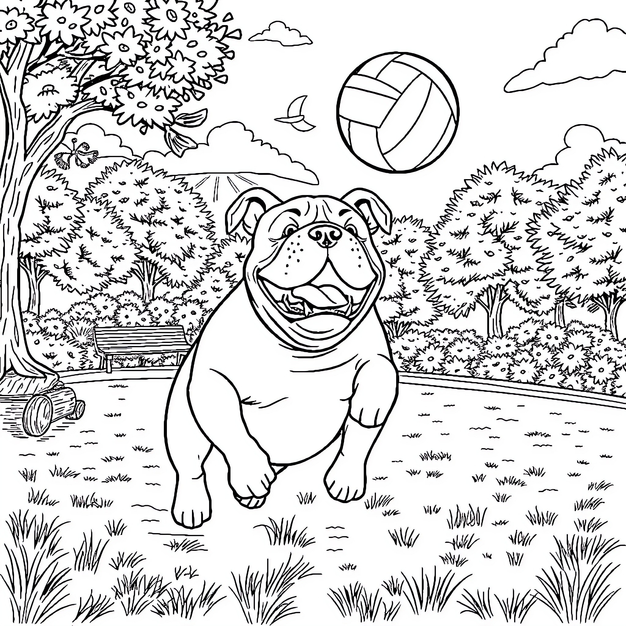 Bulldog playing joyfully with volleyball in the park Coloring Page (free black-and-white line drawing printable PDF for all, from beginners to advanced learners, including children, teens, adults, and seniors)
