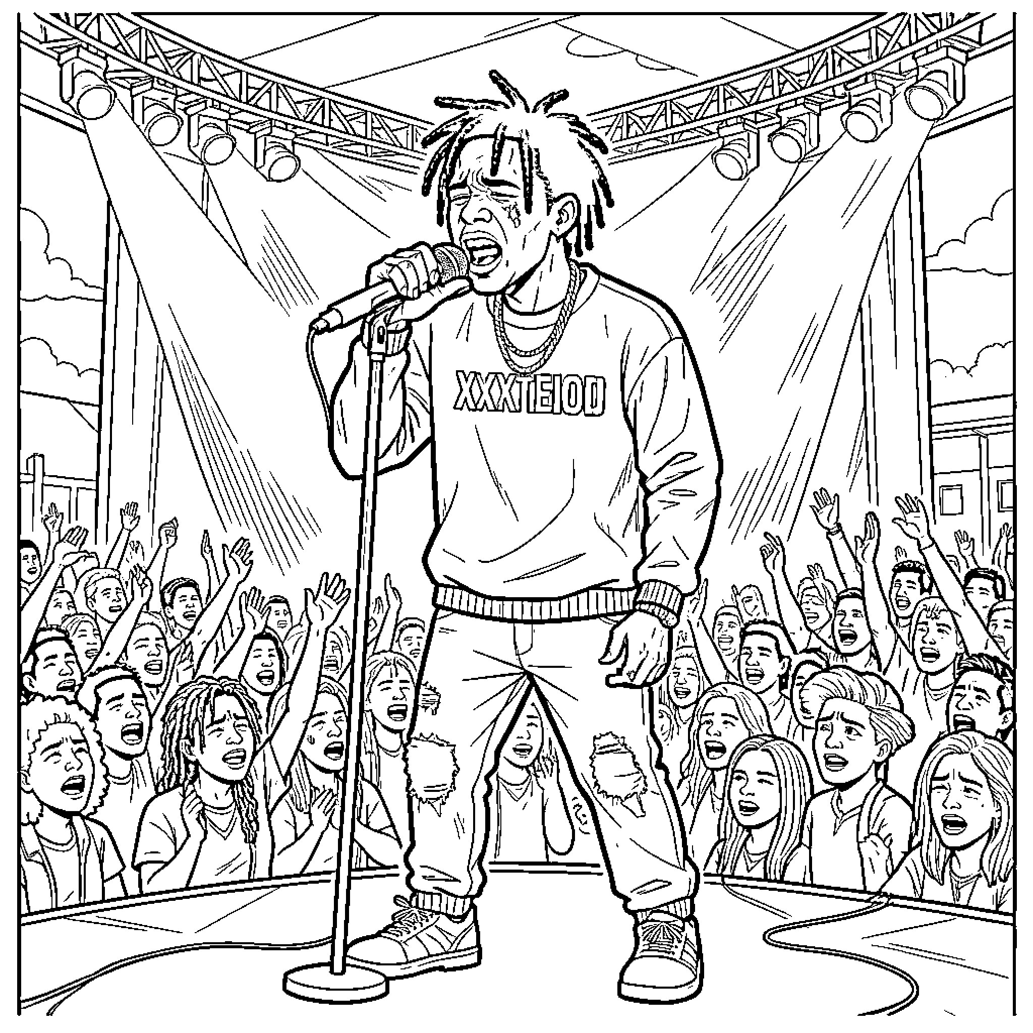 Xxxtentacion singing passionately into a microphone on stage Coloring Page (free black-and-white line drawing printable PDF for all, from beginners to advanced learners, including children, teens, adults, and seniors)