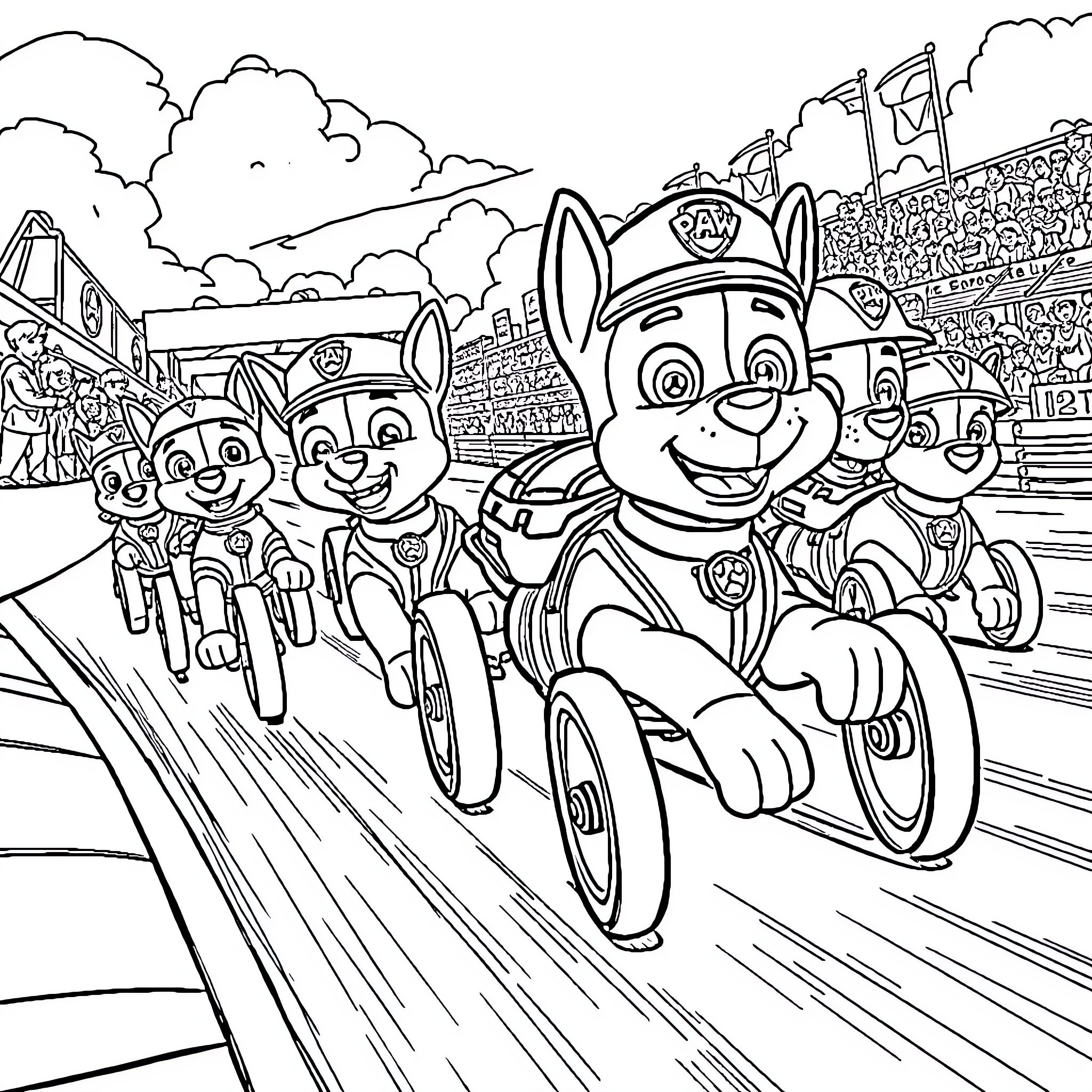 Paw Patrol Team Racing Through the City Coloring Page (free black-and-white line drawing printable PDF for all, from beginners to advanced learners, including children, teens, adults, and seniors)