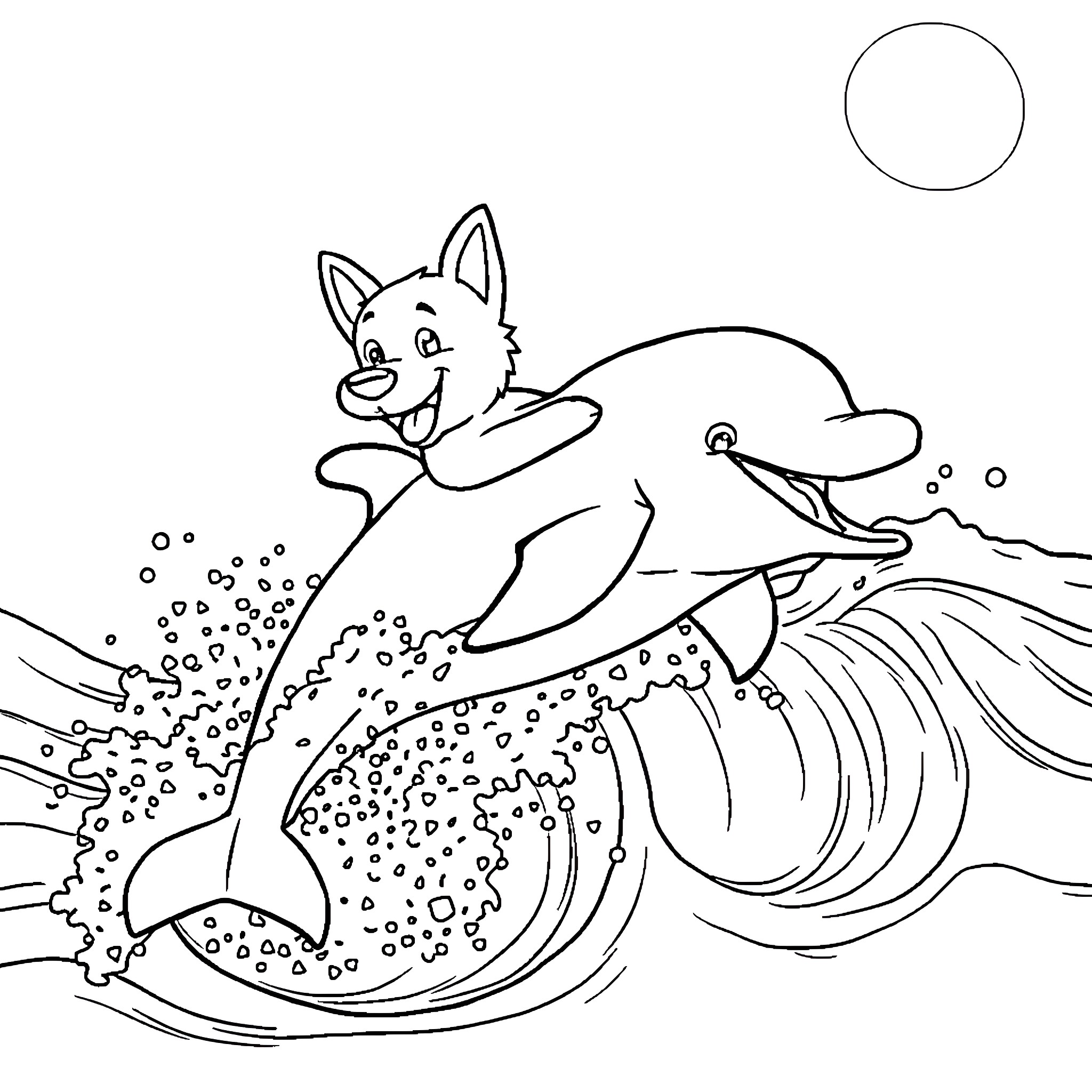 Bluey surfing on the waves with a dolphin Coloring Page (free black-and-white line drawing printable PDF for all, from beginners to advanced learners, including children, teens, adults, and seniors)