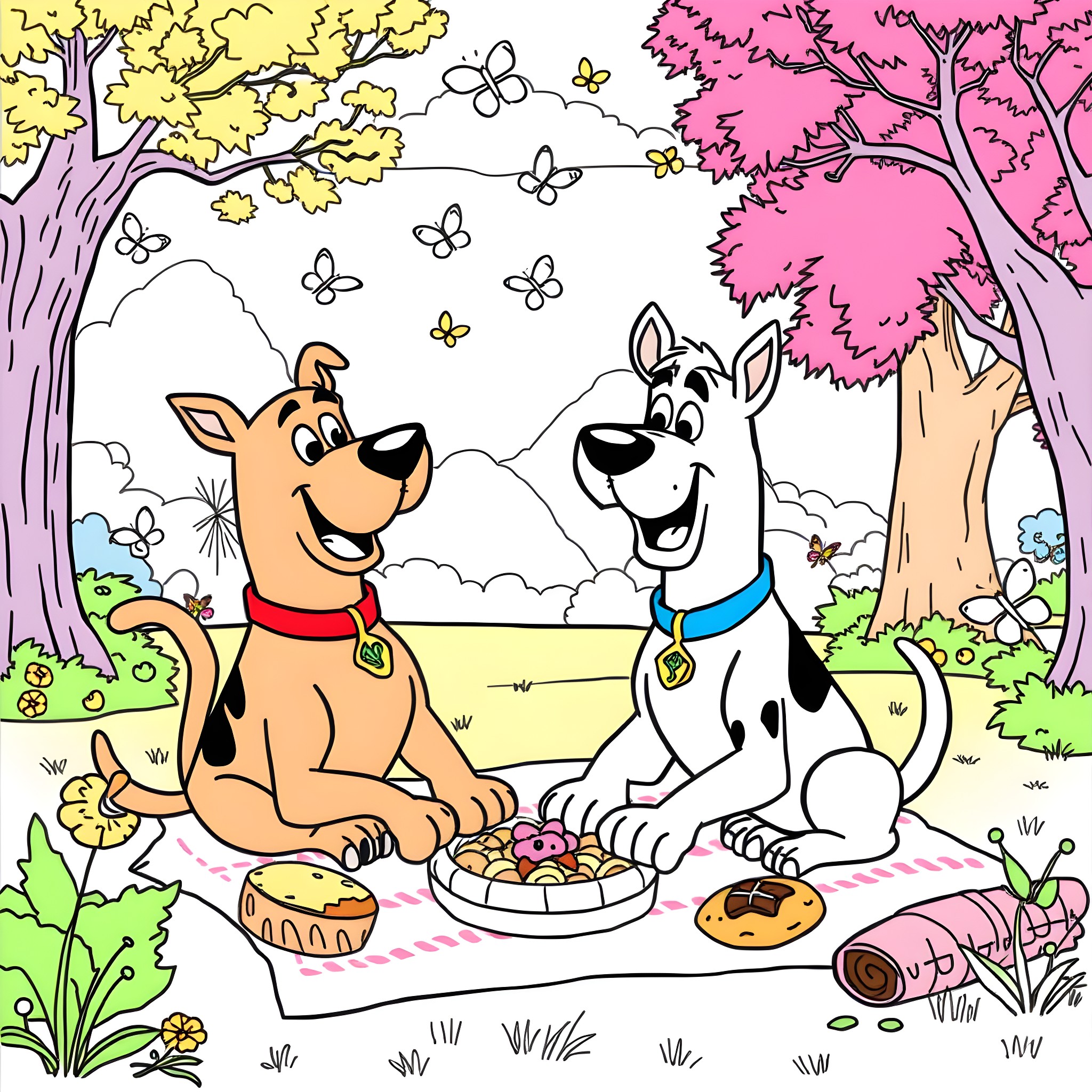 Bluey and Bingo Enjoying a Picnic in the Park Coloring Page (free black-and-white line drawing printable PDF for all, from beginners to advanced learners, including children, teens, adults, and seniors)