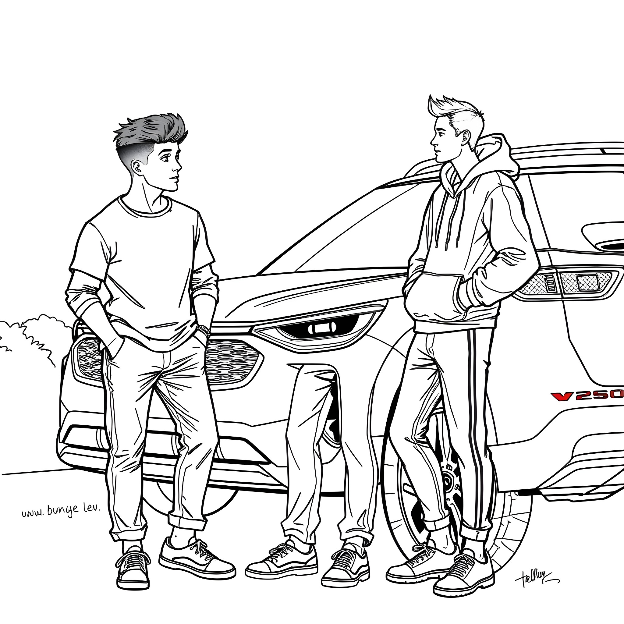 Teen Guy Talk Next to Stylish Car Coloring Page (free black-and-white line drawing printable PDF for all, from beginners to advanced learners, including children, teens, adults, and seniors)