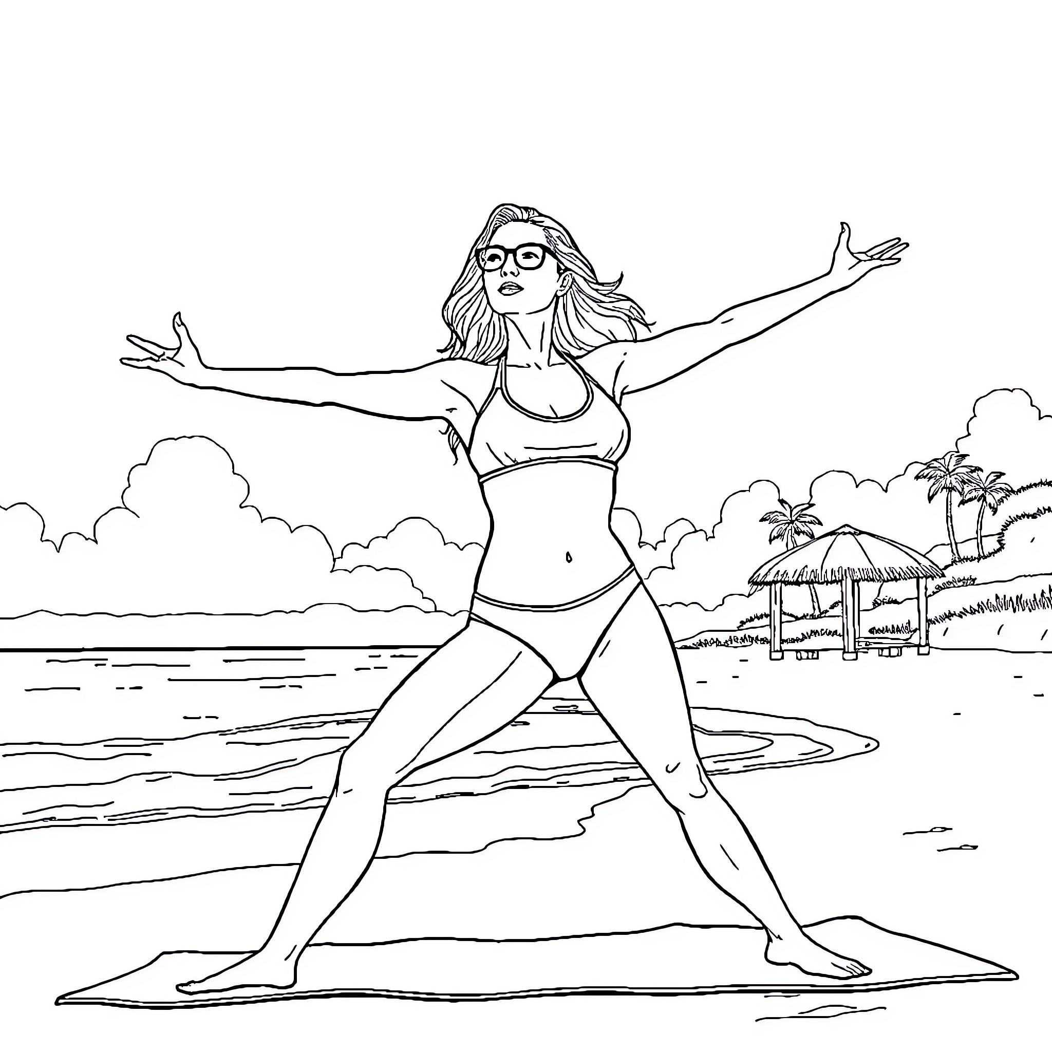 Lena Paul enjoying the beach in a yoga pose Coloring Page (free black-and-white line drawing printable PDF for all, from beginners to advanced learners, including children, teens, adults, and seniors)