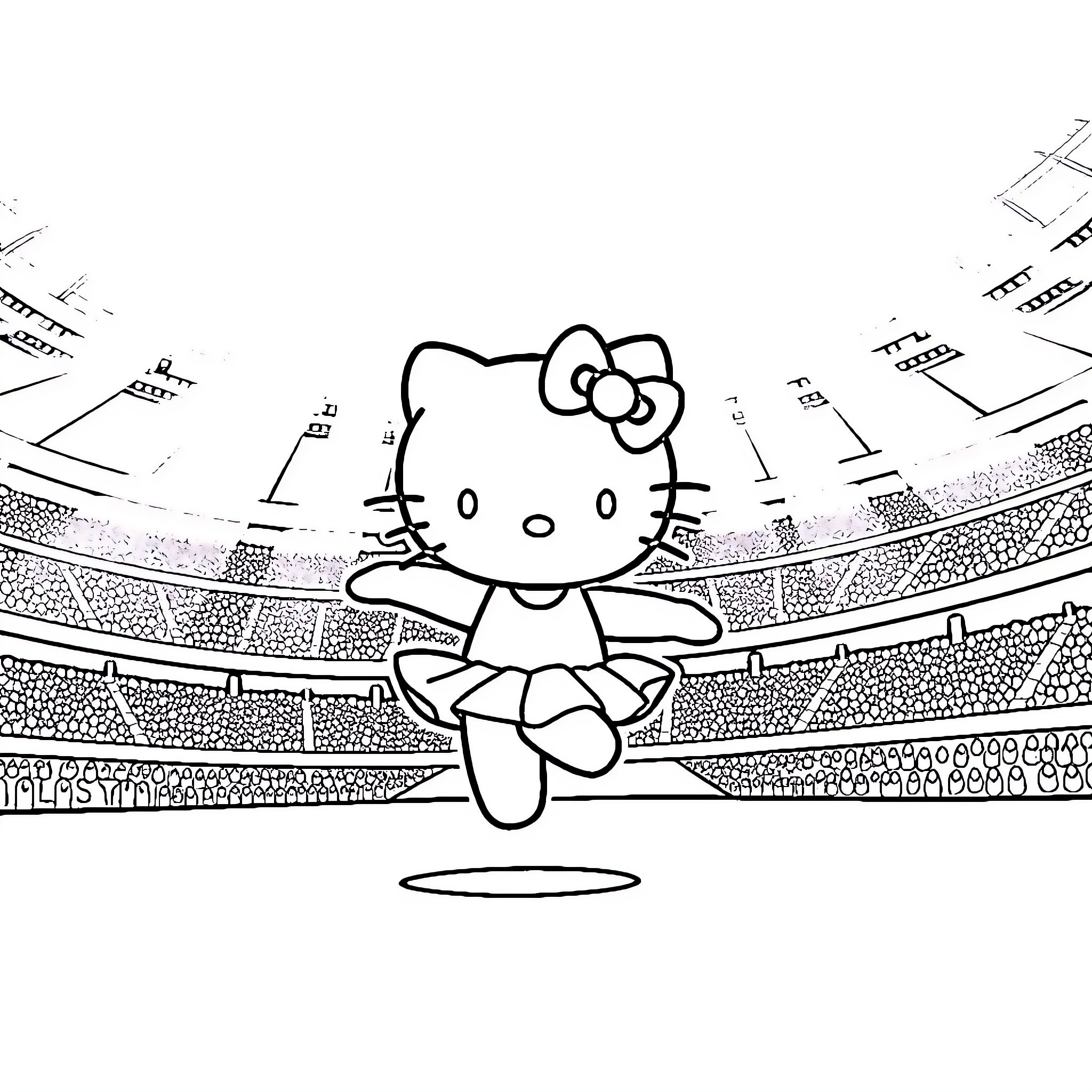 Hello Kitty performing on a stadium stage Coloring Page (free black-and-white line drawing printable PDF for all, from beginners to advanced learners, including children, teens, adults, and seniors)
