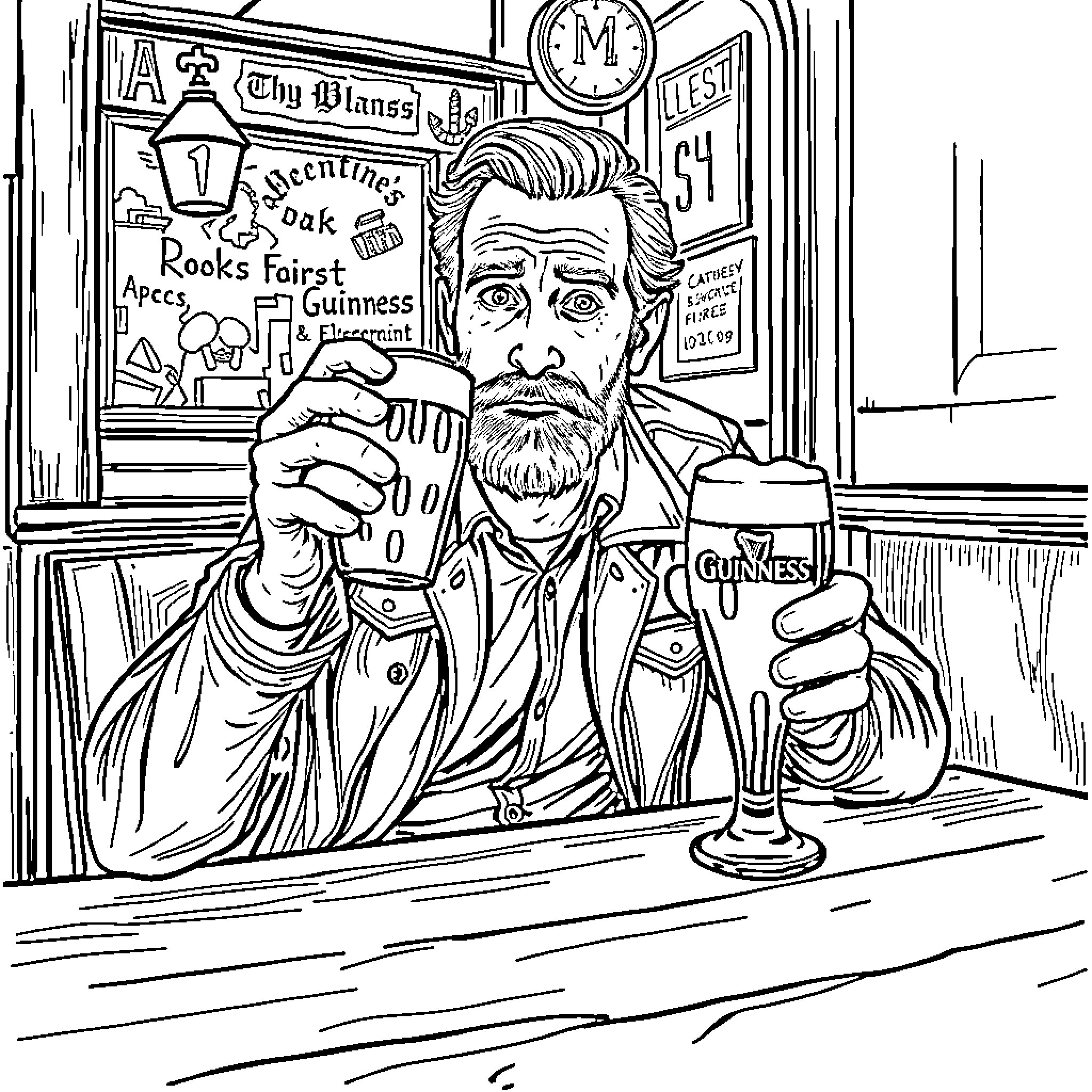 Henrik Larsson enjoying Guinness at a pub Coloring Page (free black-and-white line drawing printable PDF for all, from beginners to advanced learners, including children, teens, adults, and seniors)