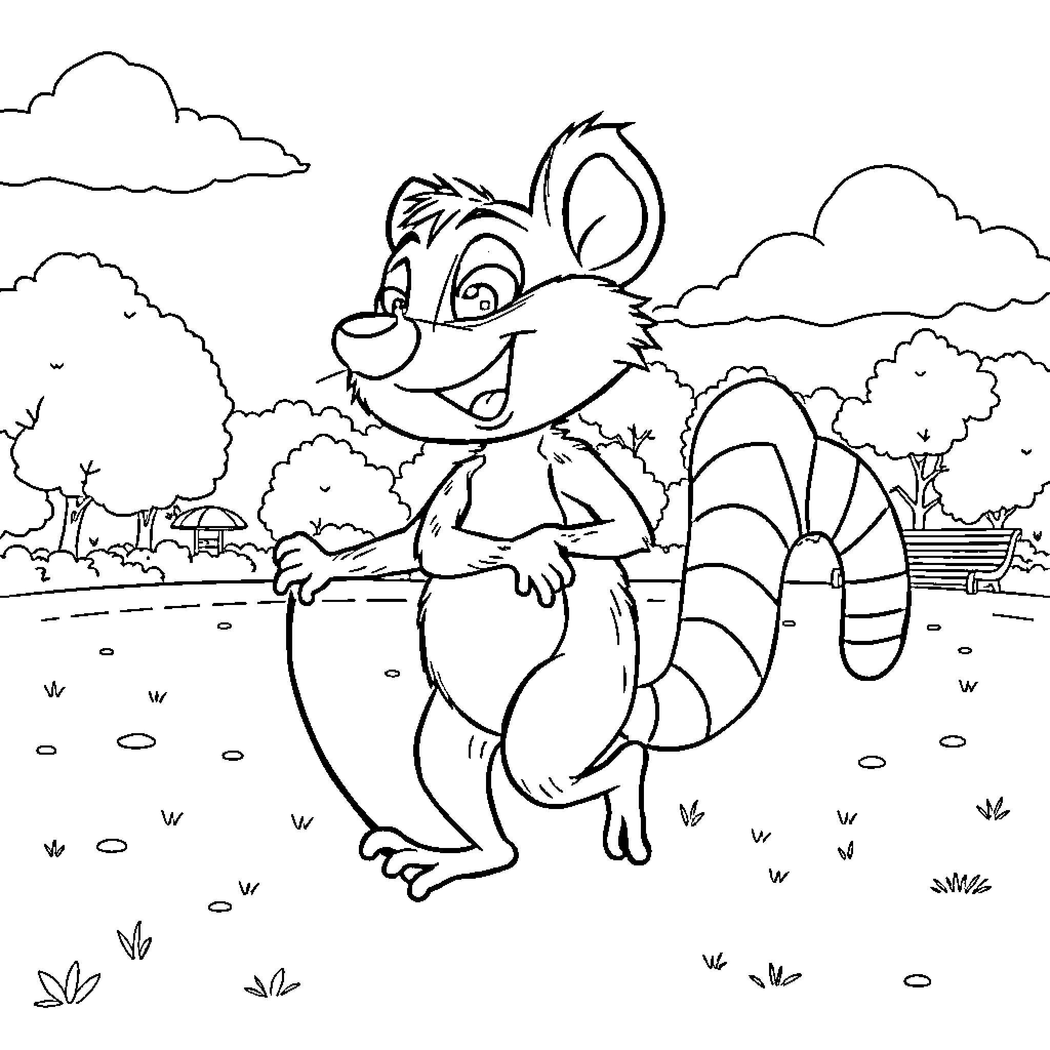 Grookey enjoying a cheerful adventure in the park Coloring Page (free black-and-white line drawing printable PDF for all, from beginners to advanced learners, including children, teens, adults, and seniors)