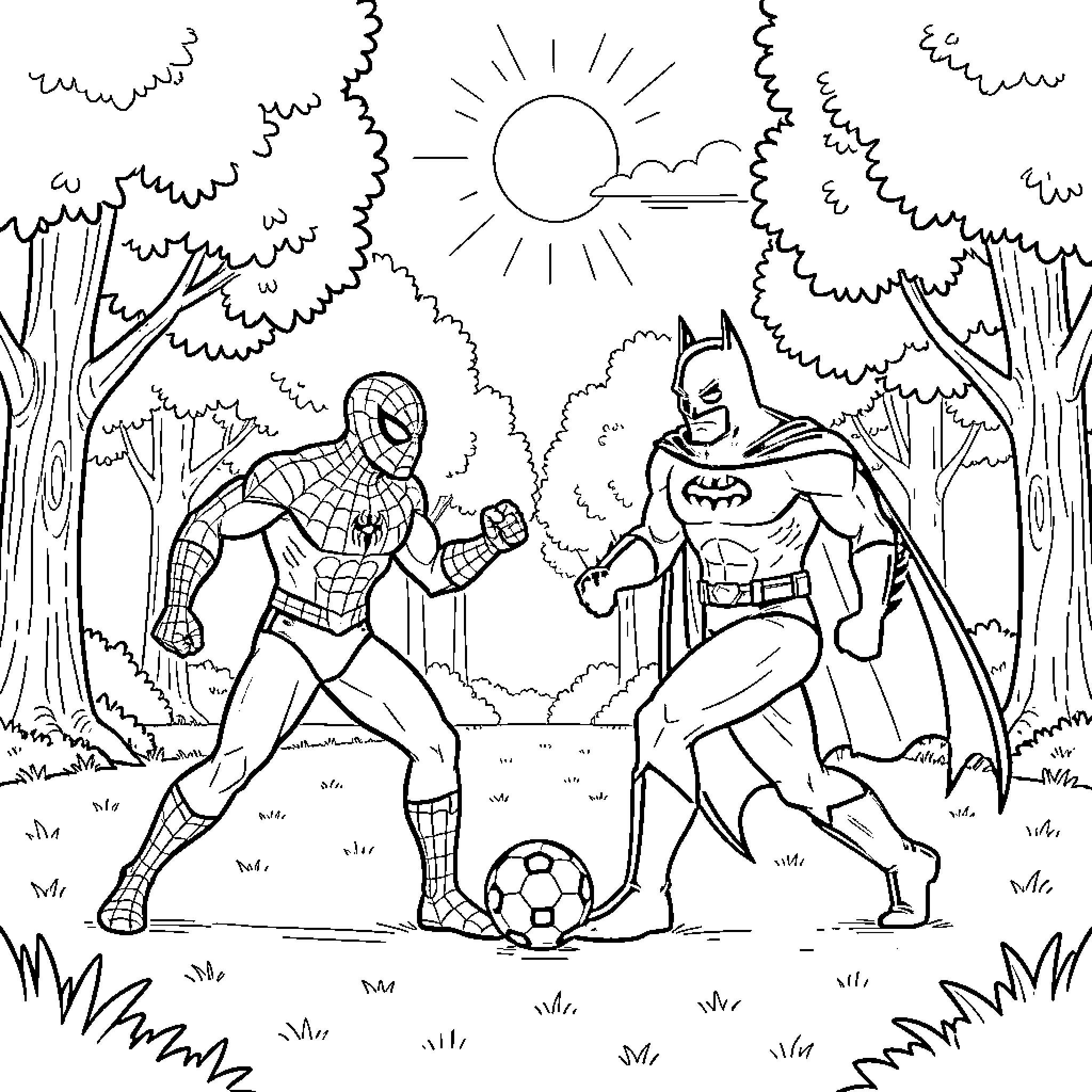 Spiderman playing soccer against Batman in a forest Coloring Page (free black-and-white line drawing printable PDF for all, from beginners to advanced learners, including children, teens, adults, and seniors)