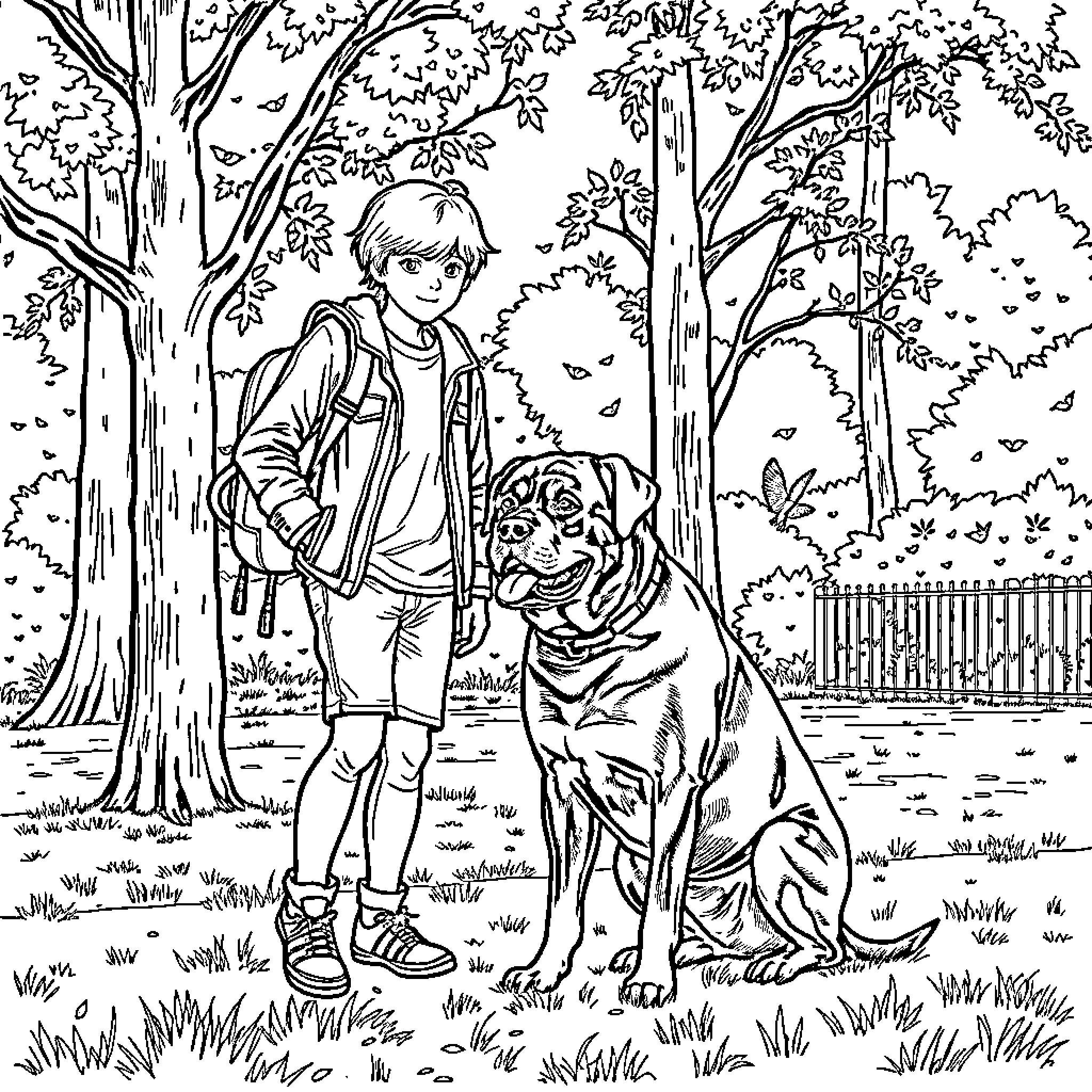 Teenager enjoying outdoor adventure with loyal companion Coloring Page (free black-and-white line drawing printable PDF for all, from beginners to advanced learners, including children, teens, adults, and seniors)