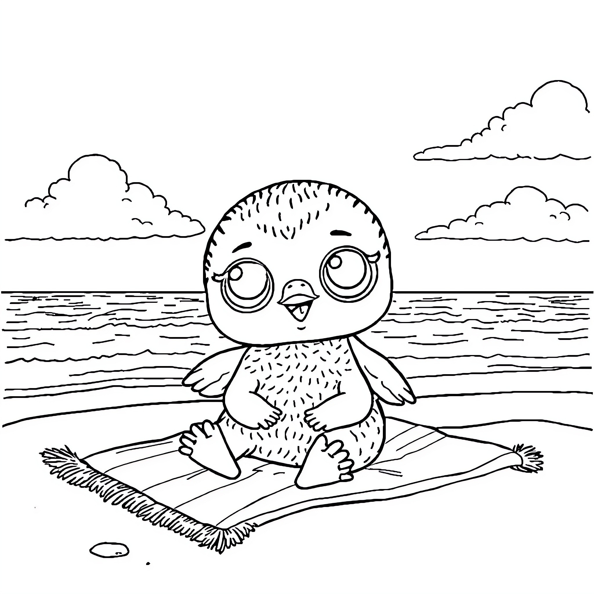 Doll relaxing on a floating raft in the ocean Coloring Page (free black-and-white line drawing printable PDF for all, from beginners to advanced learners, including children, teens, adults, and seniors)
