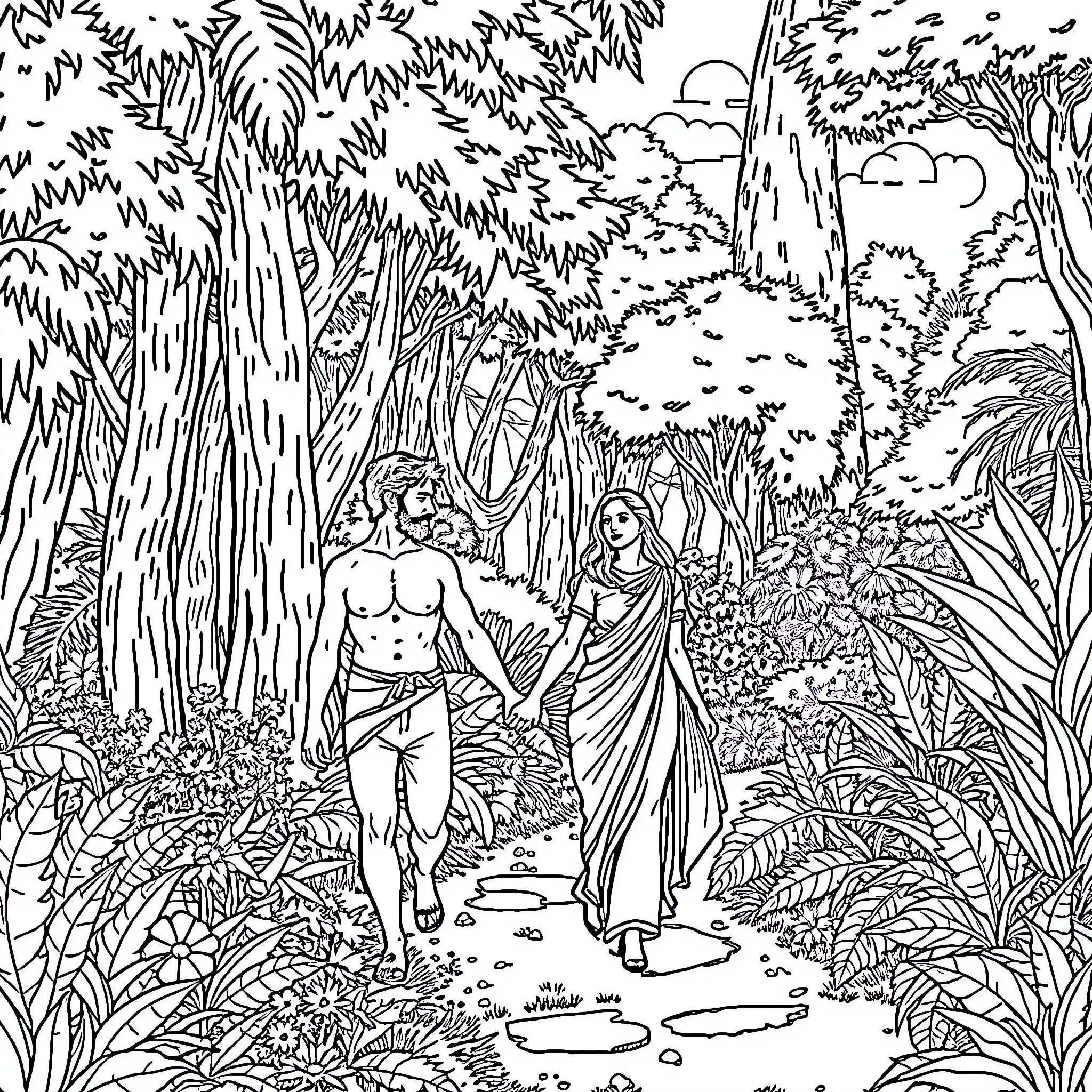 Adam and Eve in the Garden of Eden Coloring Page (free black-and-white line drawing printable PDF for all, from beginners to advanced learners, including children, teens, adults, and seniors)