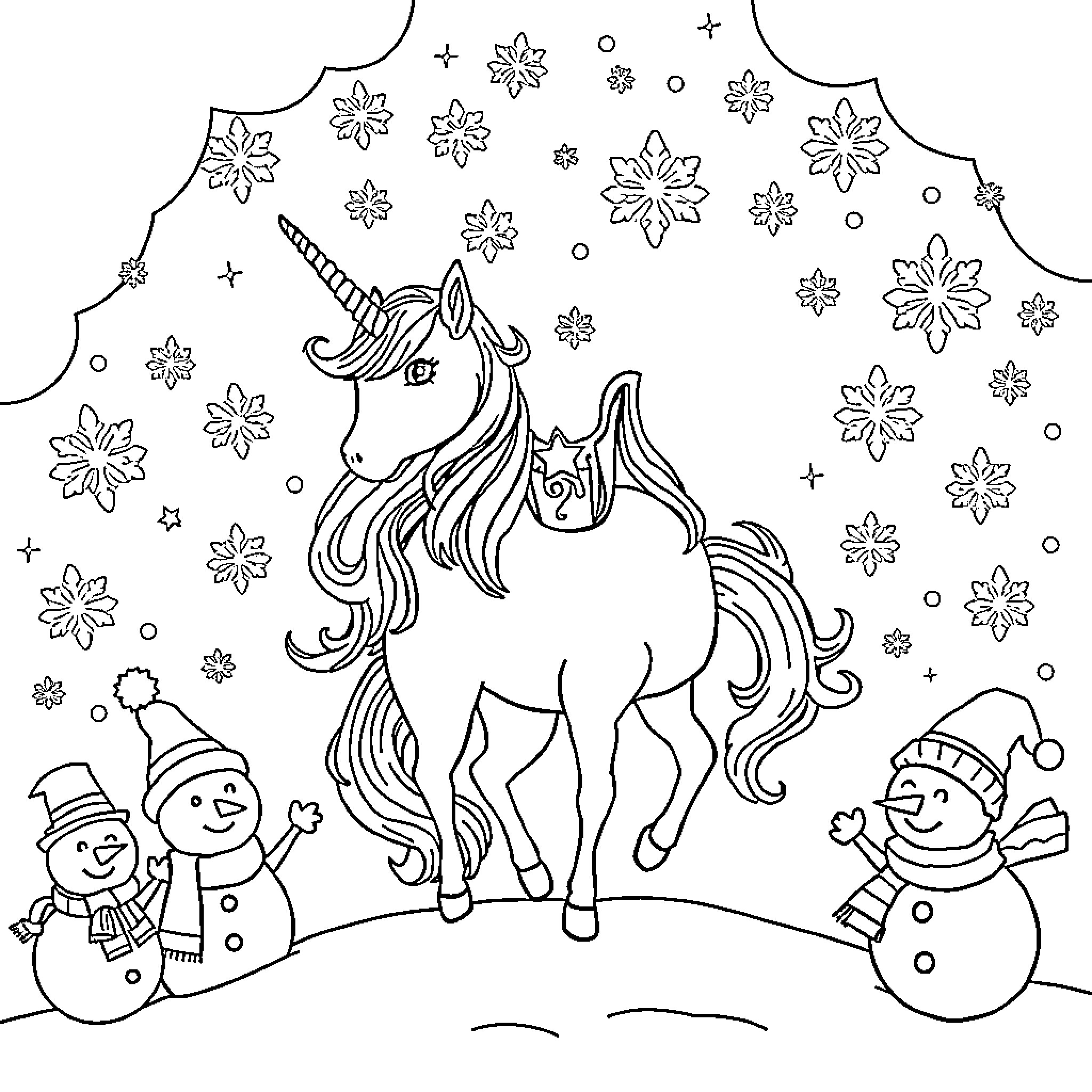 Unicorn frolicking amid whimsical winter scene Coloring Page (free black-and-white line drawing printable PDF for all, from beginners to advanced learners, including children, teens, adults, and seniors)