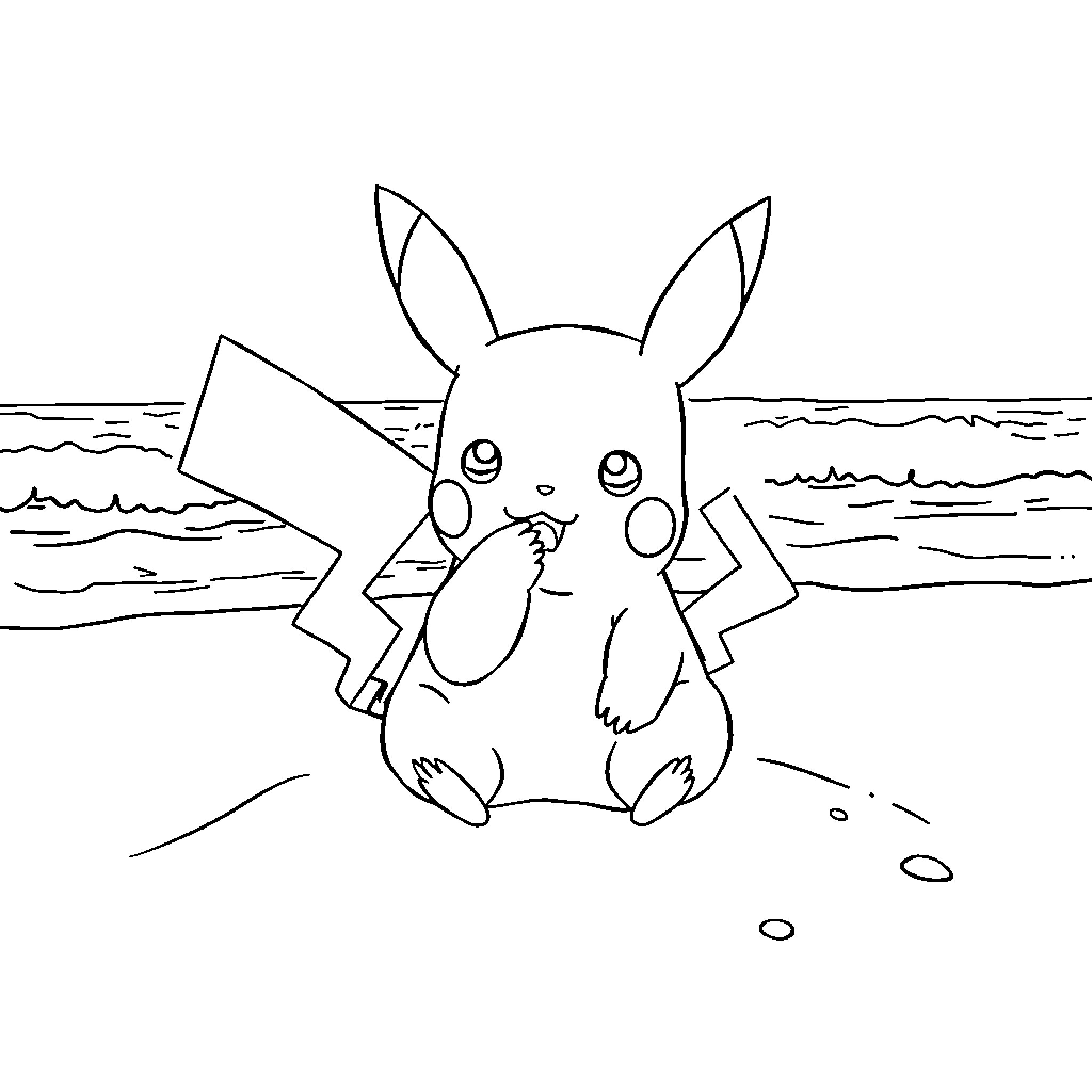 Pikachu enjoying the beach scenery Coloring Page (free black-and-white line drawing printable PDF for all, from beginners to advanced learners, including children, teens, adults, and seniors)