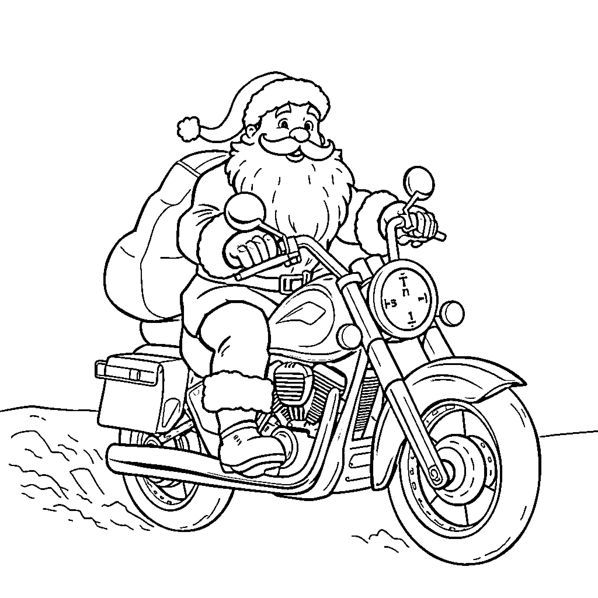 Santa riding motorcycle with toys Coloring Page (free black-and-white line drawing printable PDF for all, from beginners to advanced learners, including children, teens, adults, and seniors)