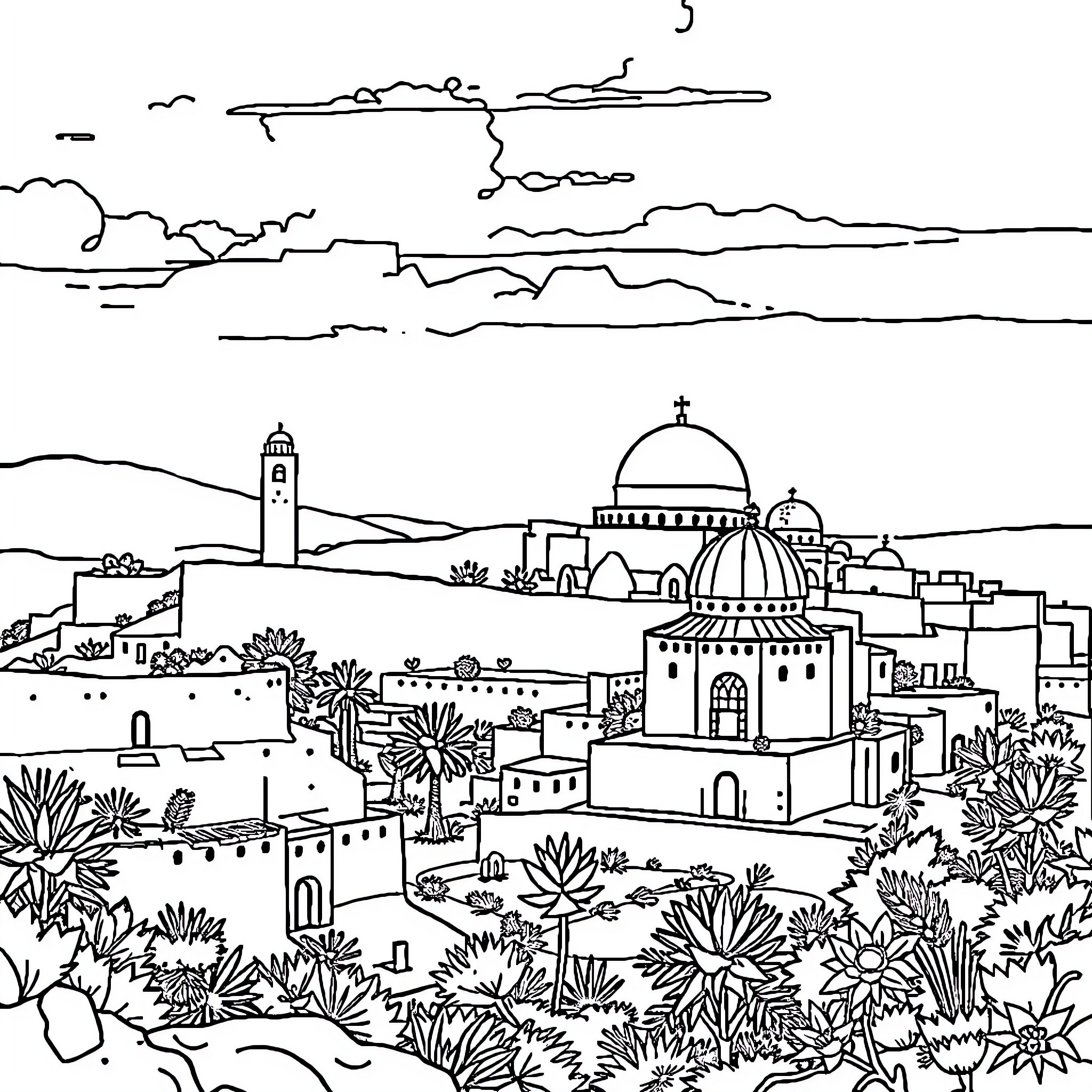 Palestine: A Peaceful Landscape of Historic Architecture Coloring Page (free black-and-white line drawing printable PDF for all, from beginners to advanced learners, including children, teens, adults, and seniors)