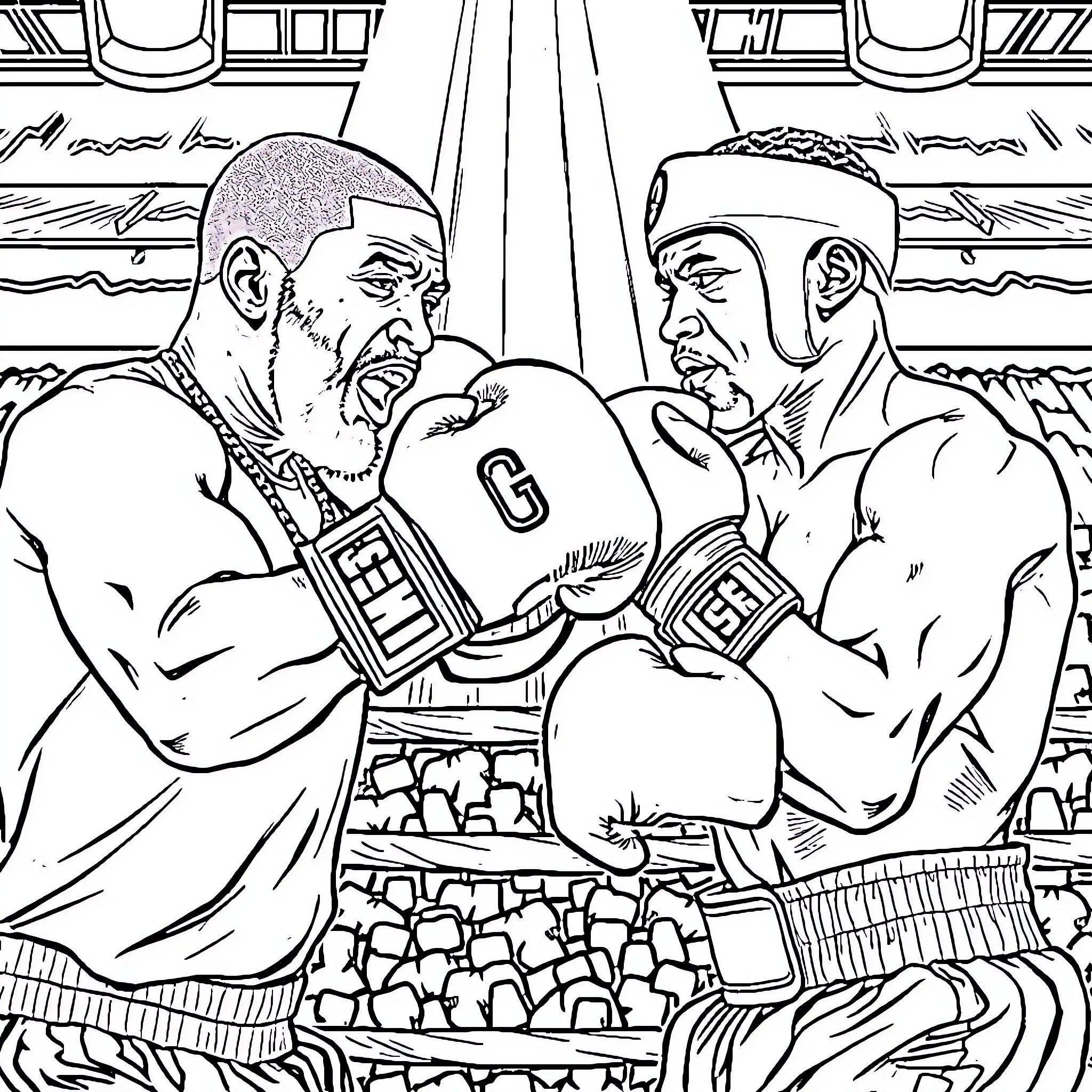 Drake's Boxing Match in the Arena Coloring Page (free black-and-white line drawing printable PDF for all, from beginners to advanced learners, including children, teens, adults, and seniors)