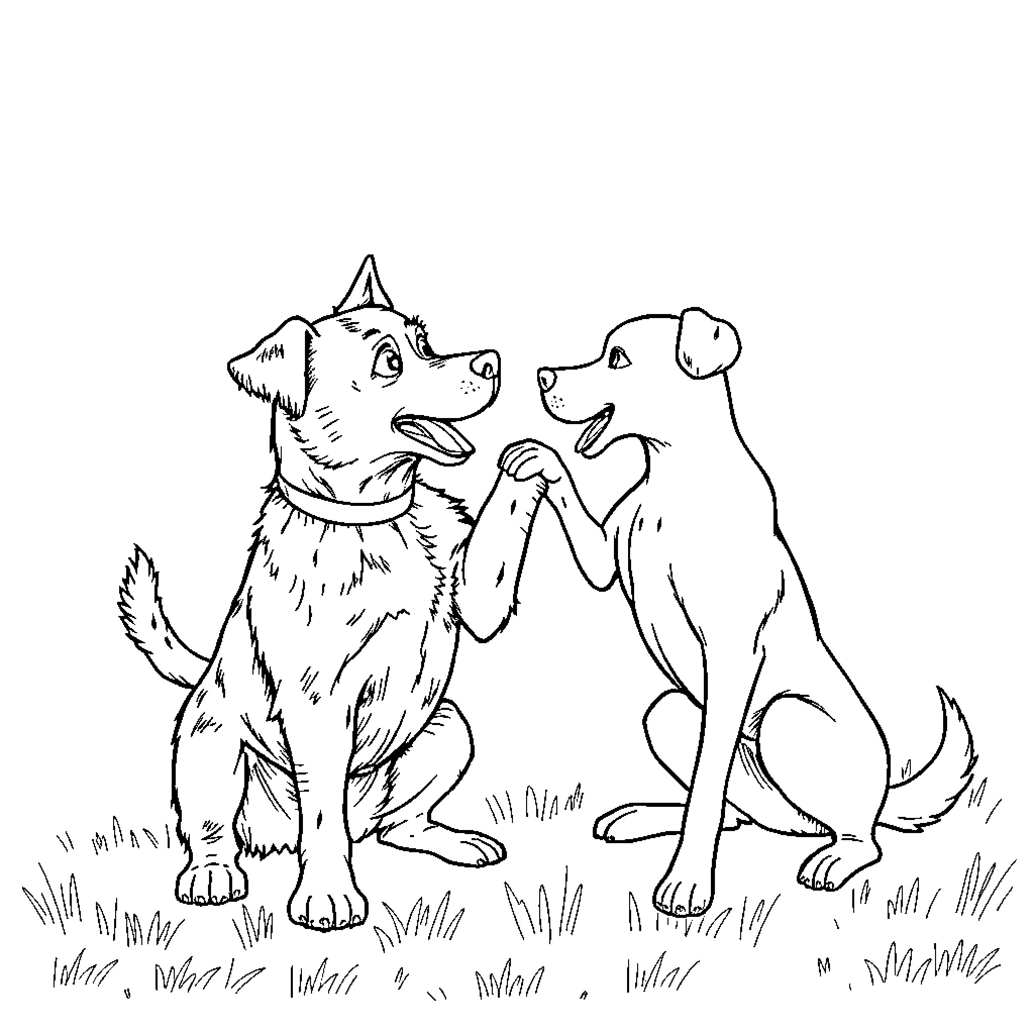 Dog friends playing together in the grass Coloring Page (free black-and-white line drawing printable PDF for all, from beginners to advanced learners, including children, teens, adults, and seniors)