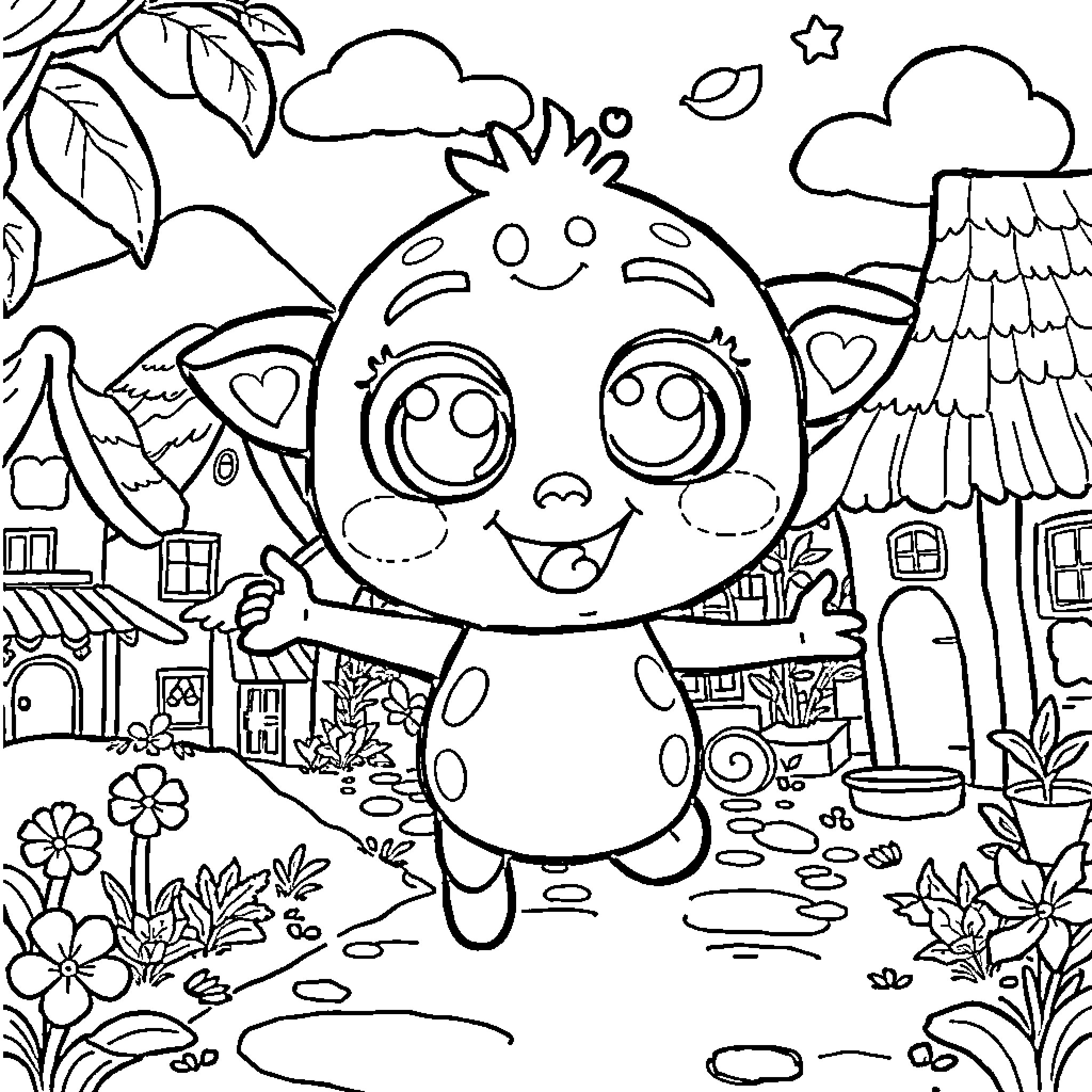 Labubu's Cheerful Exploration in the Countryside Coloring Page (free black-and-white line drawing printable PDF for all, from beginners to advanced learners, including children, teens, adults, and seniors)