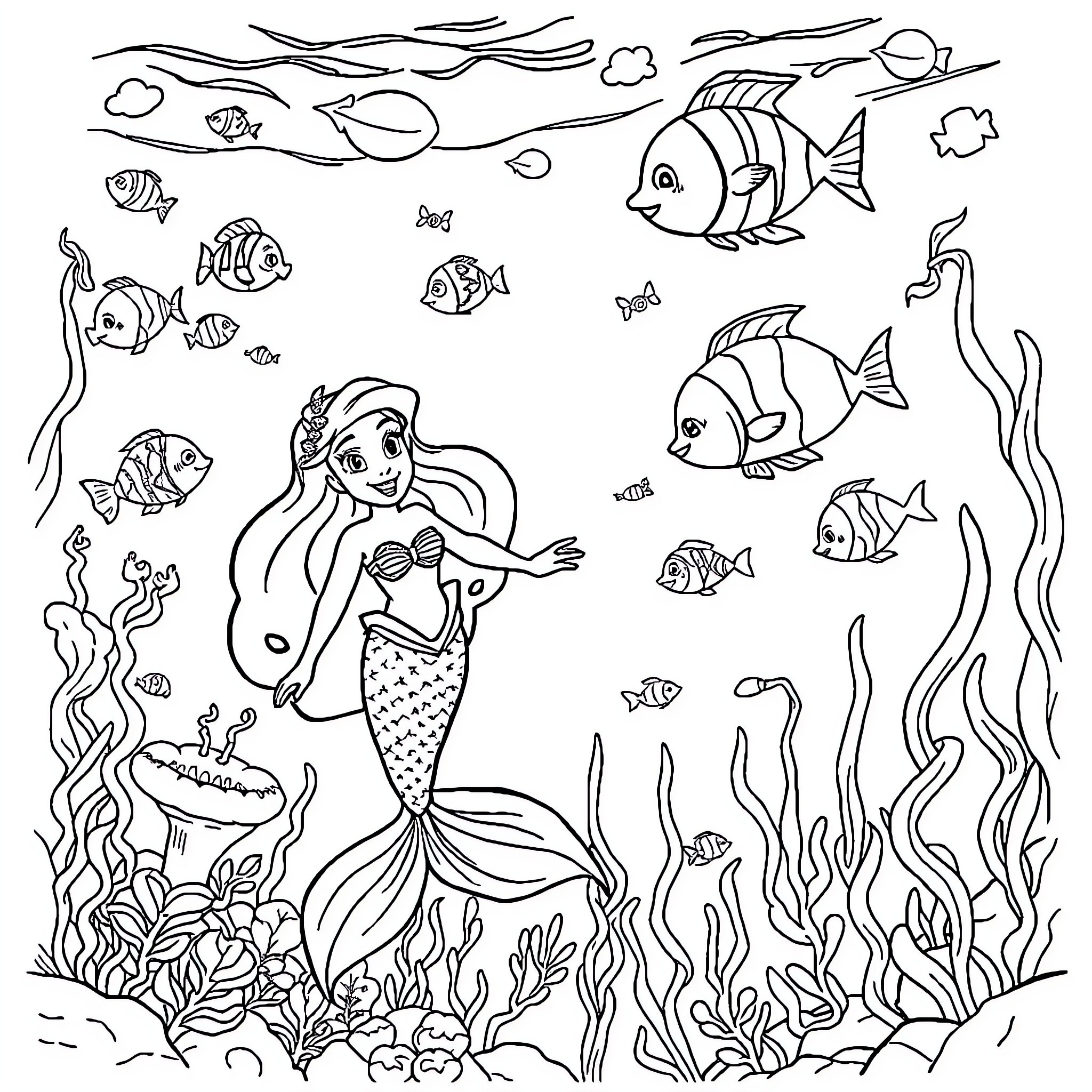 Ariel exploring the underwater world Coloring Page (free black-and-white line drawing printable PDF for all, from beginners to advanced learners, including children, teens, adults, and seniors)