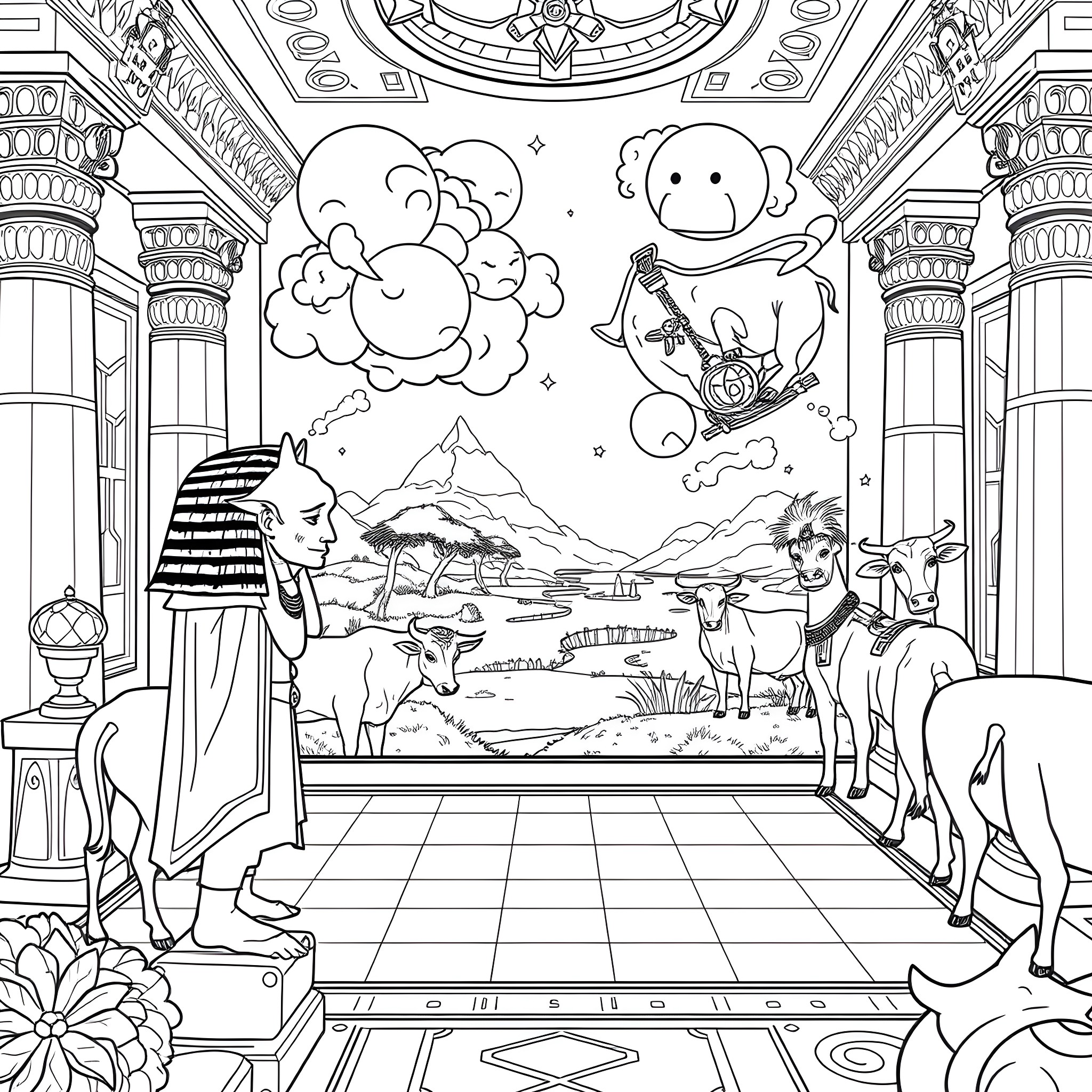 Pharaoh's Vision of Prosperity and Harmony Coloring Page (free black-and-white line drawing printable PDF for all, from beginners to advanced learners, including children, teens, adults, and seniors)