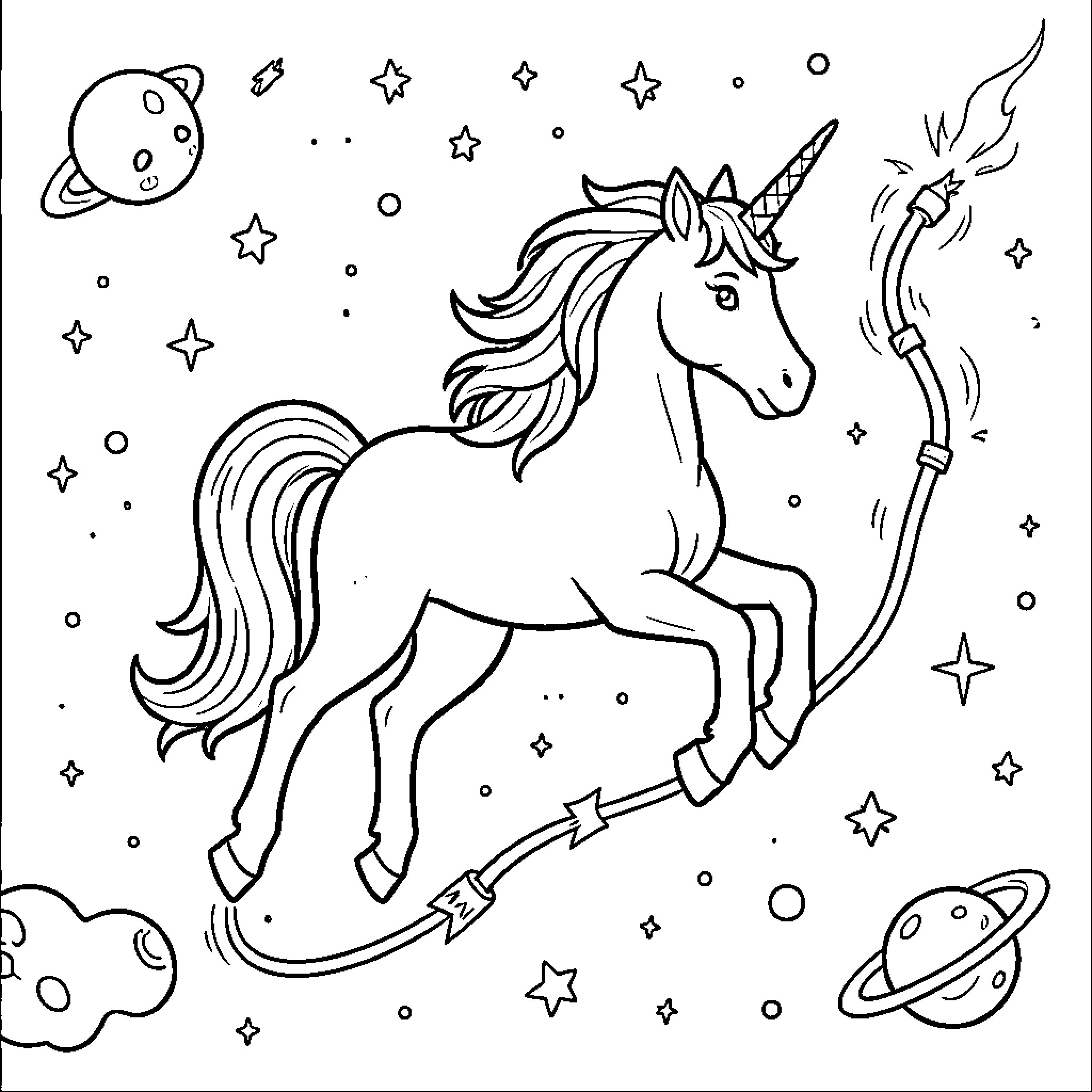 Unicorn galloping through a magical space scene Coloring Page (free black-and-white line drawing printable PDF for all, from beginners to advanced learners, including children, teens, adults, and seniors)