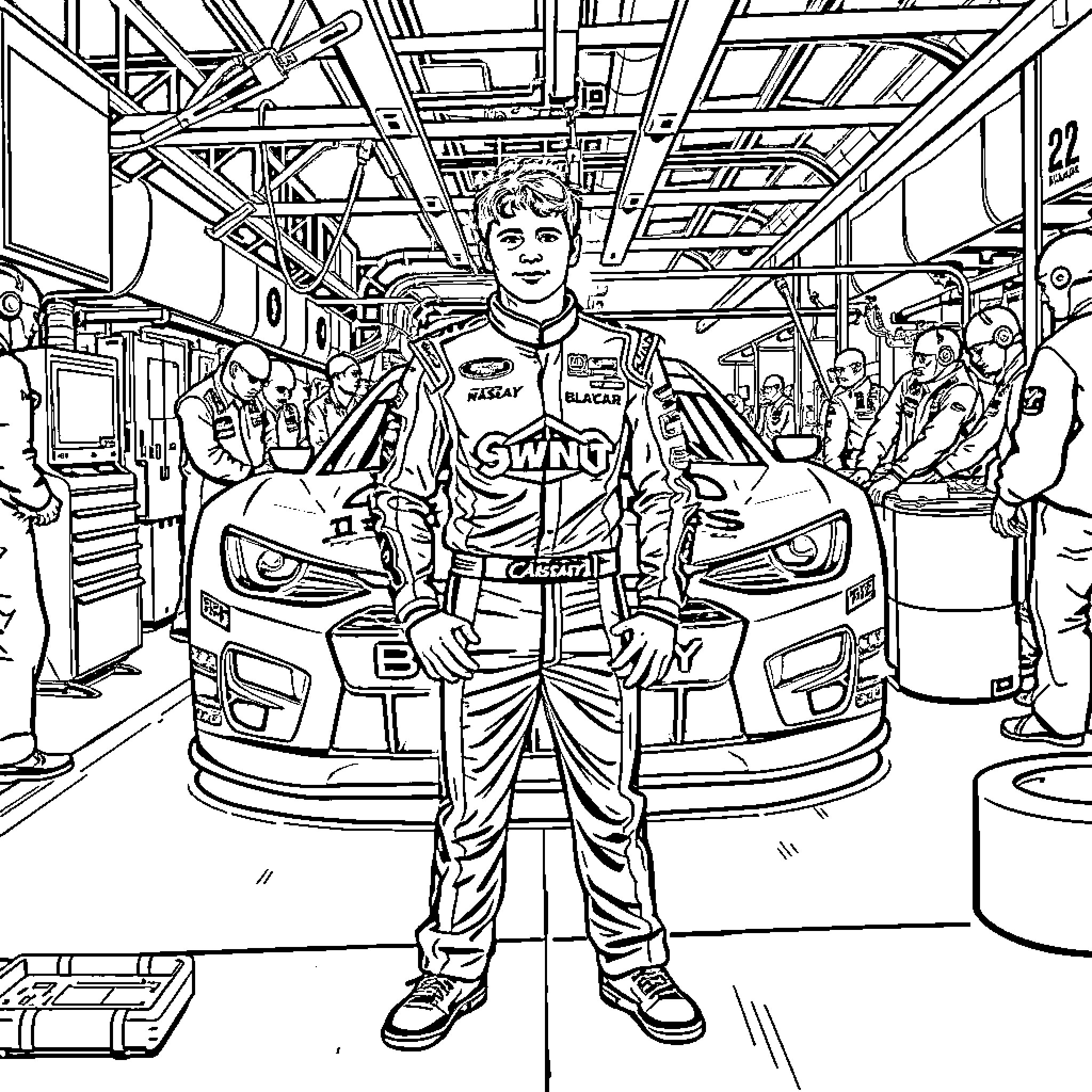 Ryan Blaney in racing gear posing with racecar Coloring Page (free black-and-white line drawing printable PDF for all, from beginners to advanced learners, including children, teens, adults, and seniors)