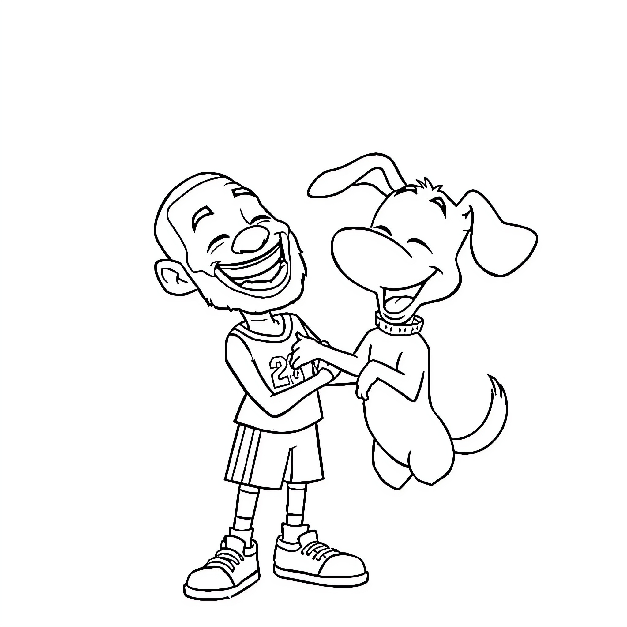 LeBron James playing with a smiling dog Coloring Page (free black-and-white line drawing printable PDF for all, from beginners to advanced learners, including children, teens, adults, and seniors)