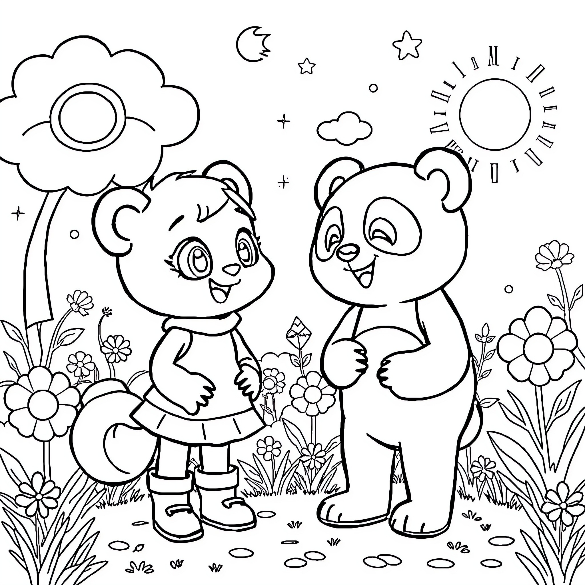 Gabbychat: Playful Panda and Child in Whimsical Flower Field Coloring Page (free black-and-white line drawing printable PDF for all, from beginners to advanced learners, including children, teens, adults, and seniors)