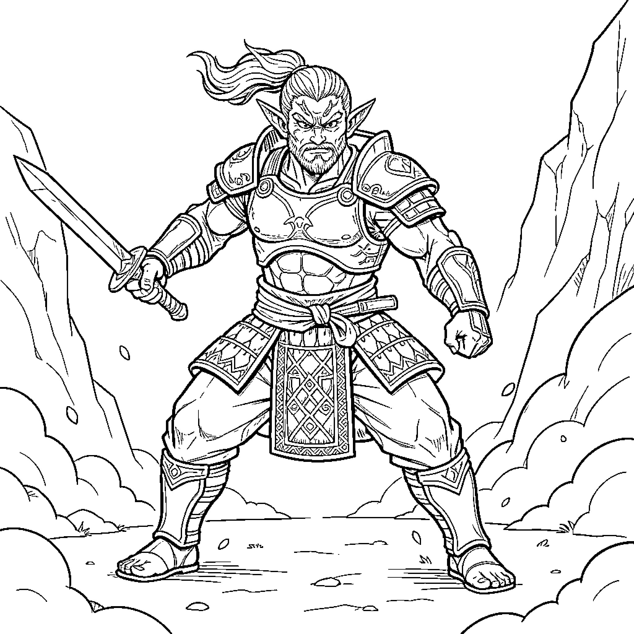 Goko warrior standing heroically with a sword Coloring Page (free black-and-white line drawing printable PDF for all, from beginners to advanced learners, including children, teens, adults, and seniors)