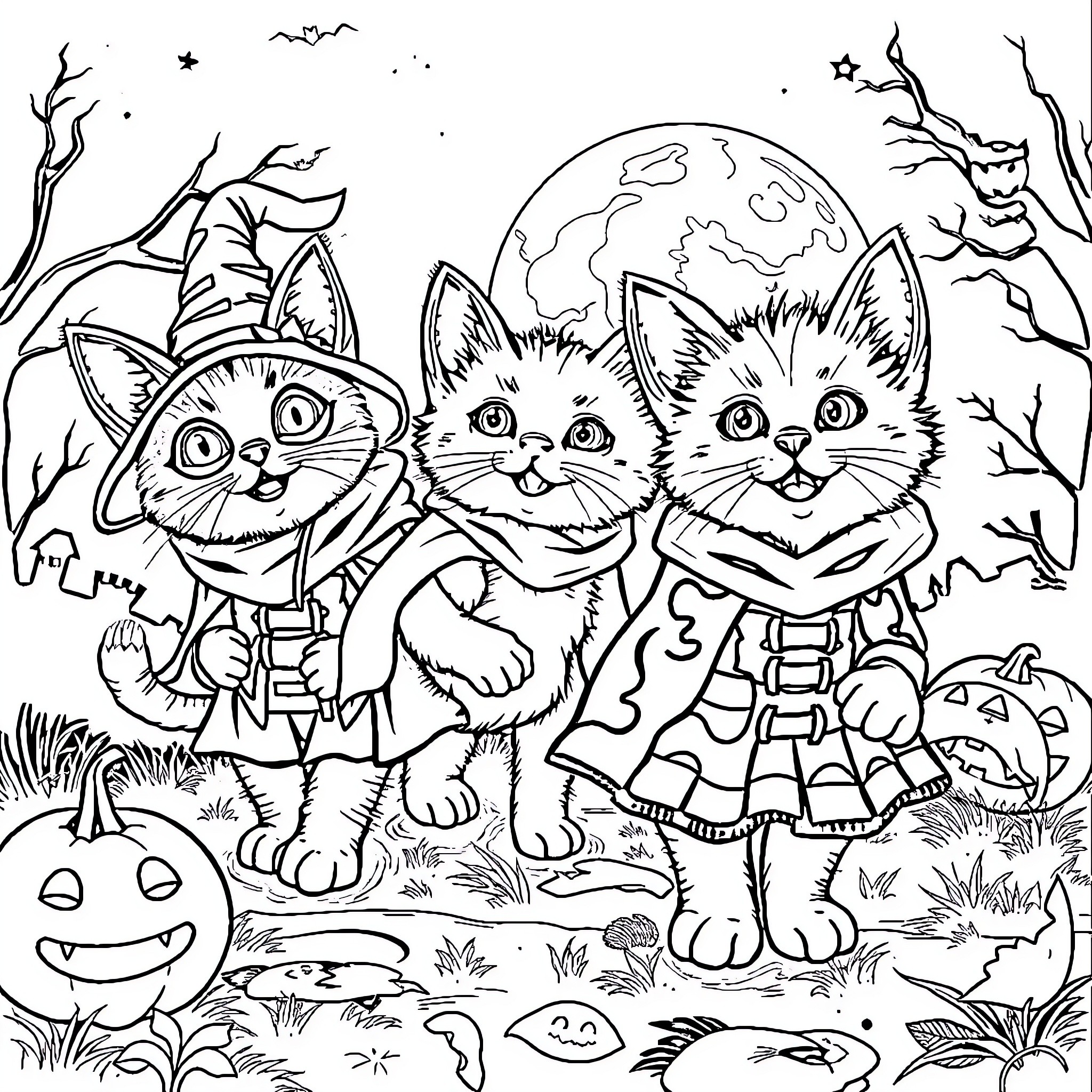 Kitty Trick-or-Treat in the Moonlit Forest Coloring Page (free black-and-white line drawing printable PDF for all, from beginners to advanced learners, including children, teens, adults, and seniors)