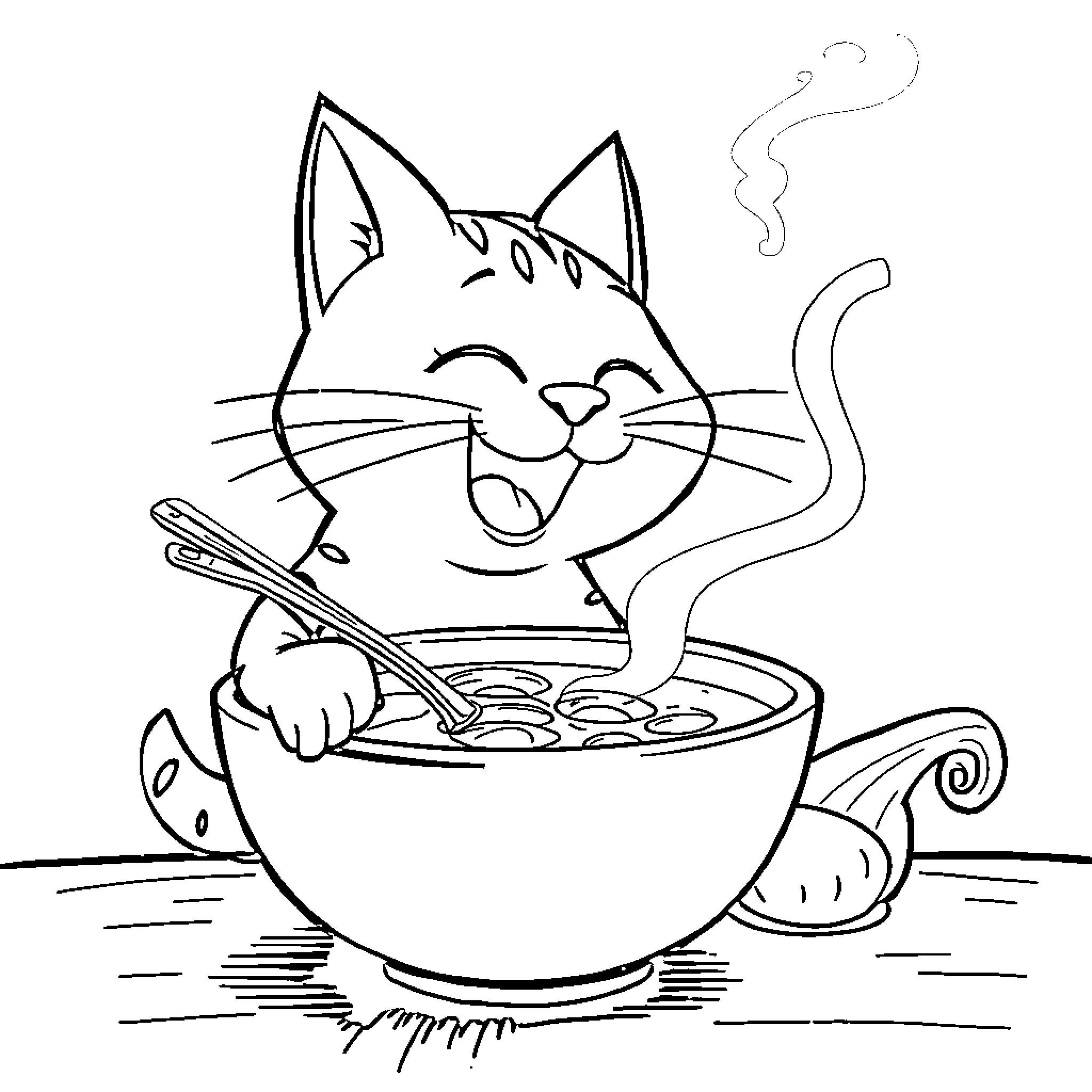 Sopa: Playful Cat Enjoying Soup Coloring Page (free black-and-white line drawing printable PDF for all, from beginners to advanced learners, including children, teens, adults, and seniors)