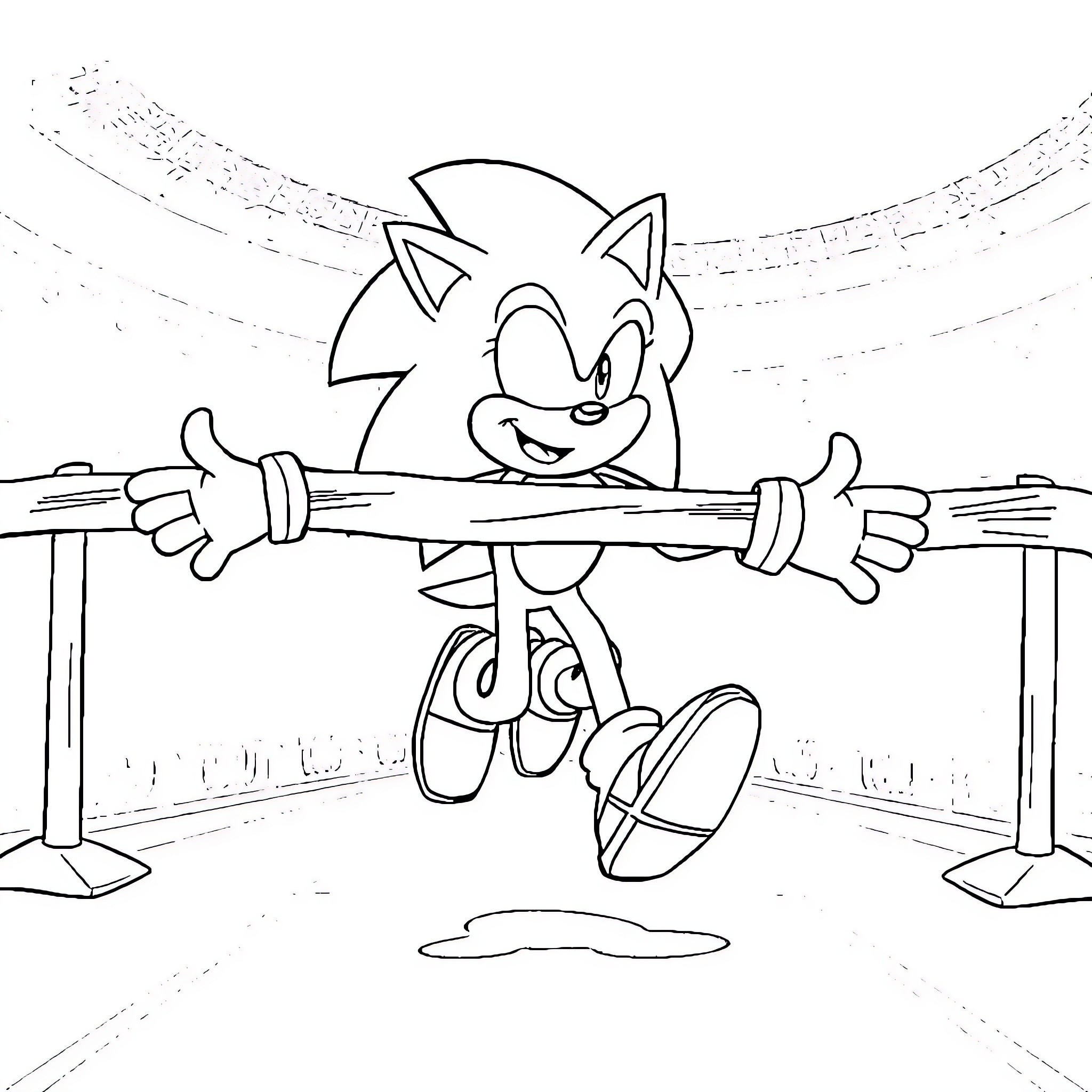 Sonic running through a futuristic stage Coloring Page (free black-and-white line drawing printable PDF for all, from beginners to advanced learners, including children, teens, adults, and seniors)