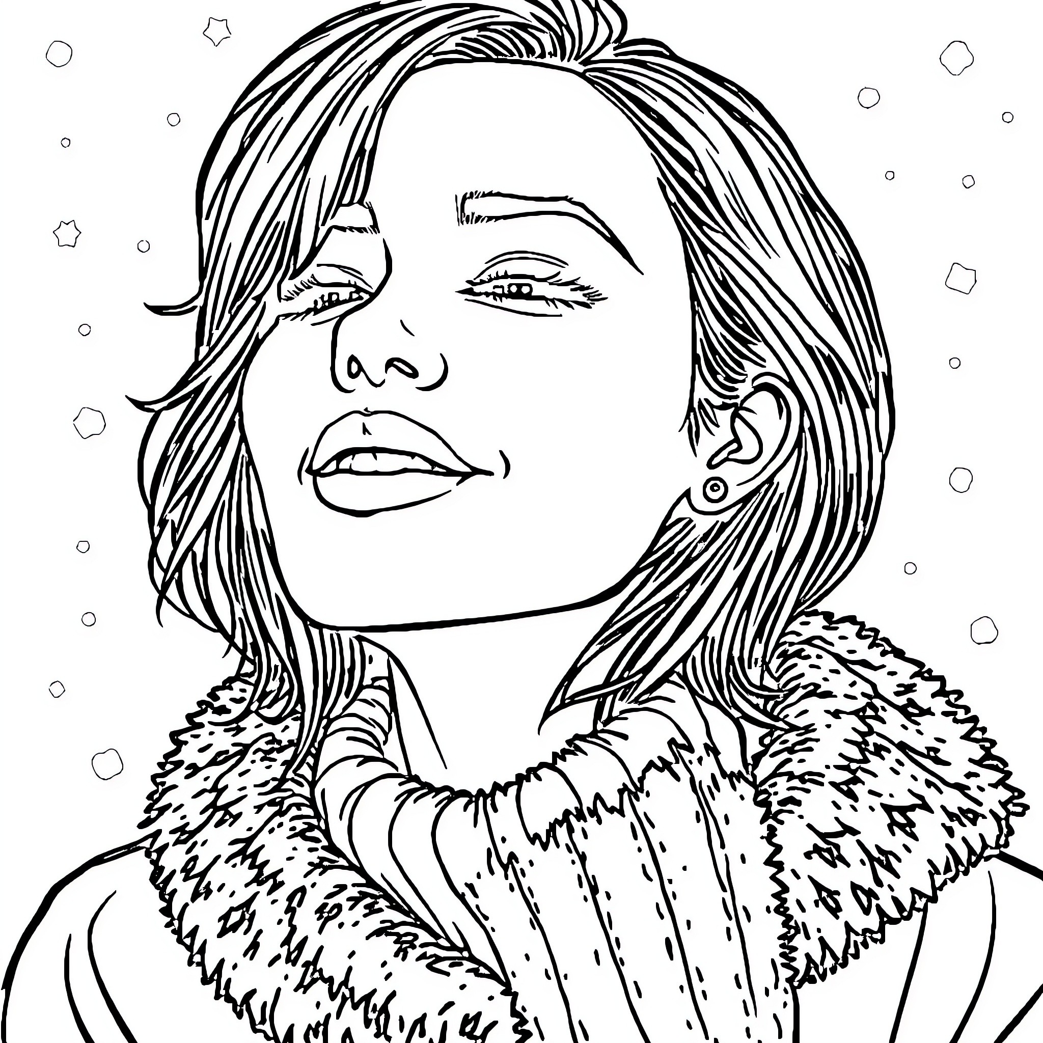 Woman in a Fur Coat Gazing Introspectively Coloring Page (free black-and-white line drawing printable PDF for all, from beginners to advanced learners, including children, teens, adults, and seniors)