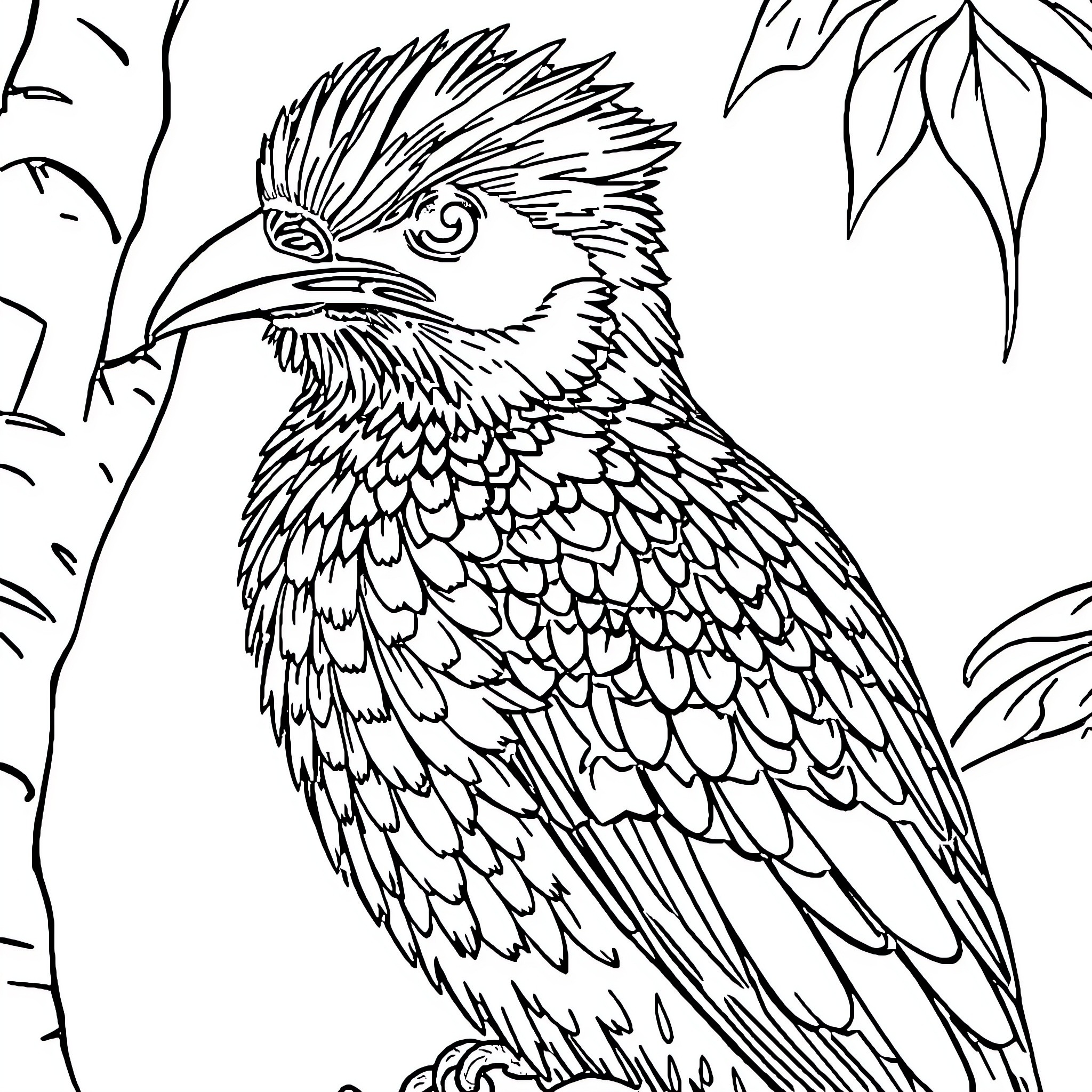 Rhynochetos bird perched amidst foliage Coloring Page (free black-and-white line drawing printable PDF for all, from beginners to advanced learners, including children, teens, adults, and seniors)