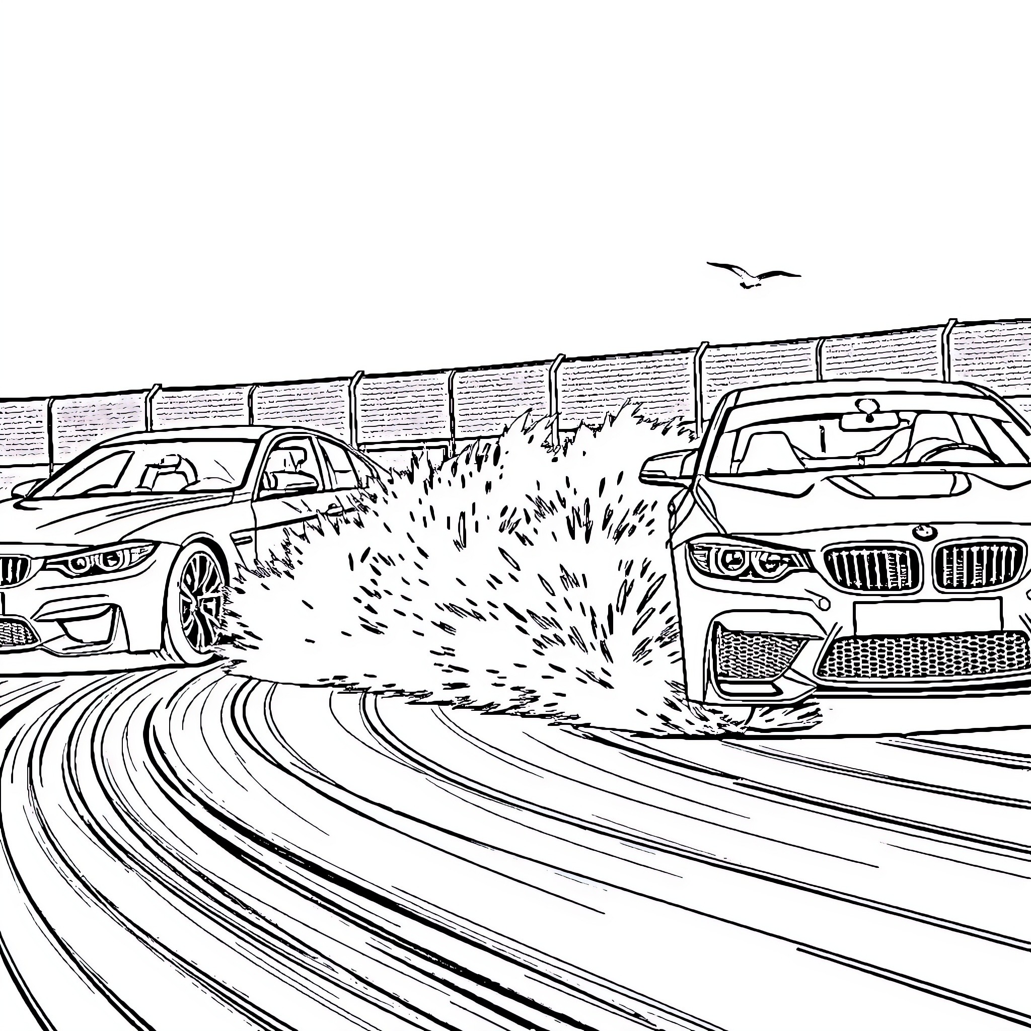 BMW vehicles racing on winding road Coloring Page (free black-and-white line drawing printable PDF for all, from beginners to advanced learners, including children, teens, adults, and seniors)
