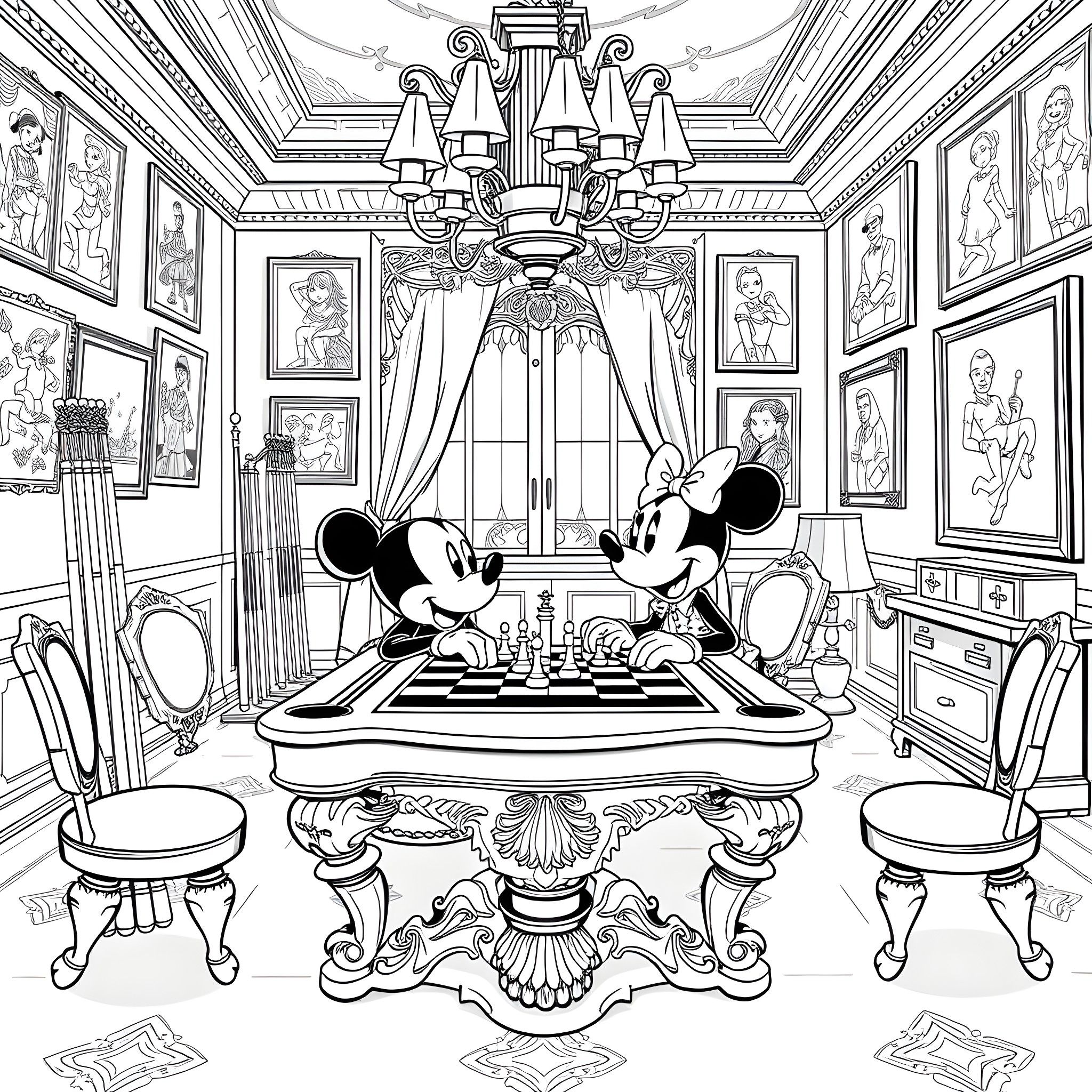 Mickey and Minnie playing chess in a grand royal chamber Coloring Page (free black-and-white line drawing printable PDF for all, from beginners to advanced learners, including children, teens, adults, and seniors)
