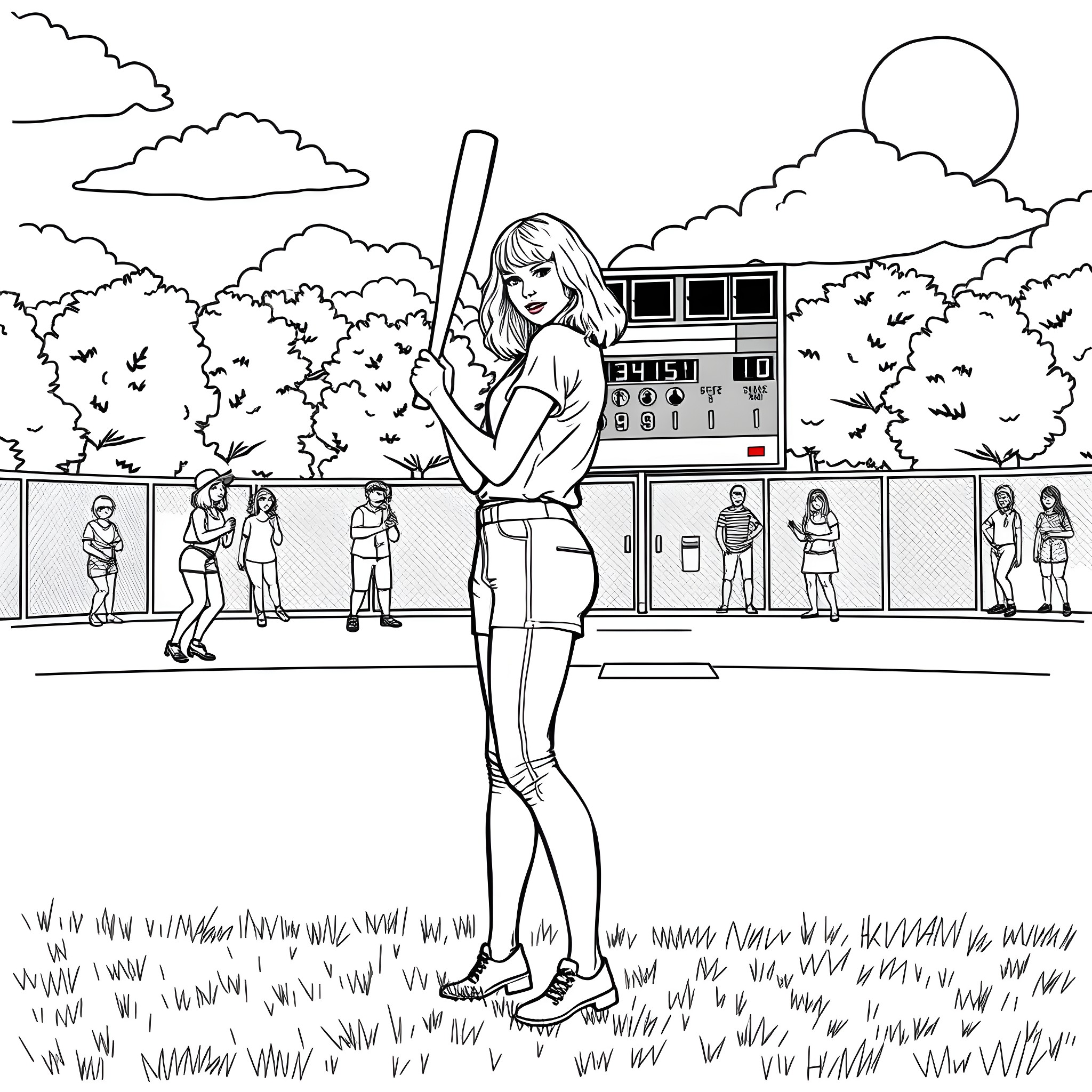 Taylor Swift on the baseball field with fans Coloring Page (free black-and-white line drawing printable PDF for all, from beginners to advanced learners, including children, teens, adults, and seniors)