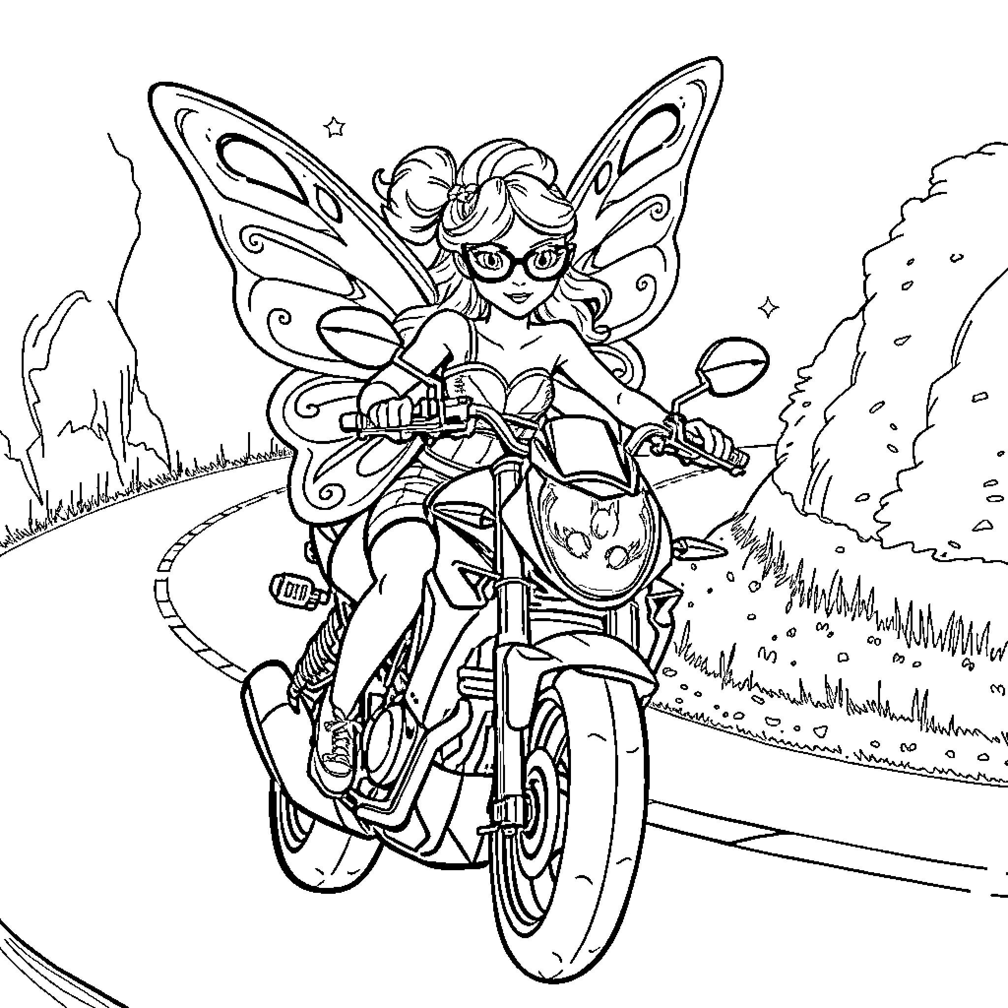Princess Riding a Motorcycle on a Magical Journey Coloring Page (free black-and-white line drawing printable PDF for all, from beginners to advanced learners, including children, teens, adults, and seniors)