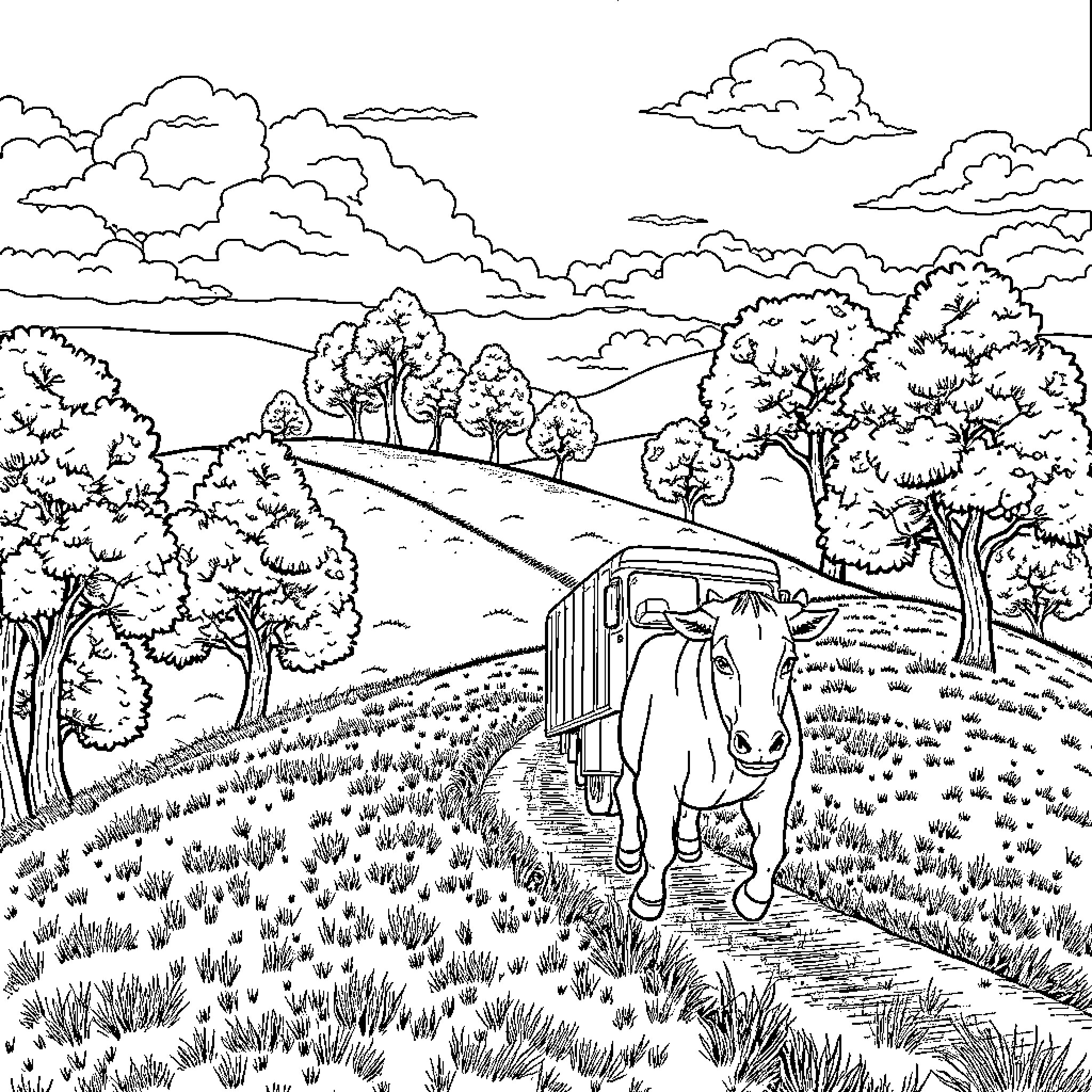 Truck traveling through scenic countryside landscape Coloring Page (free black-and-white line drawing printable PDF for all, from beginners to advanced learners, including children, teens, adults, and seniors)